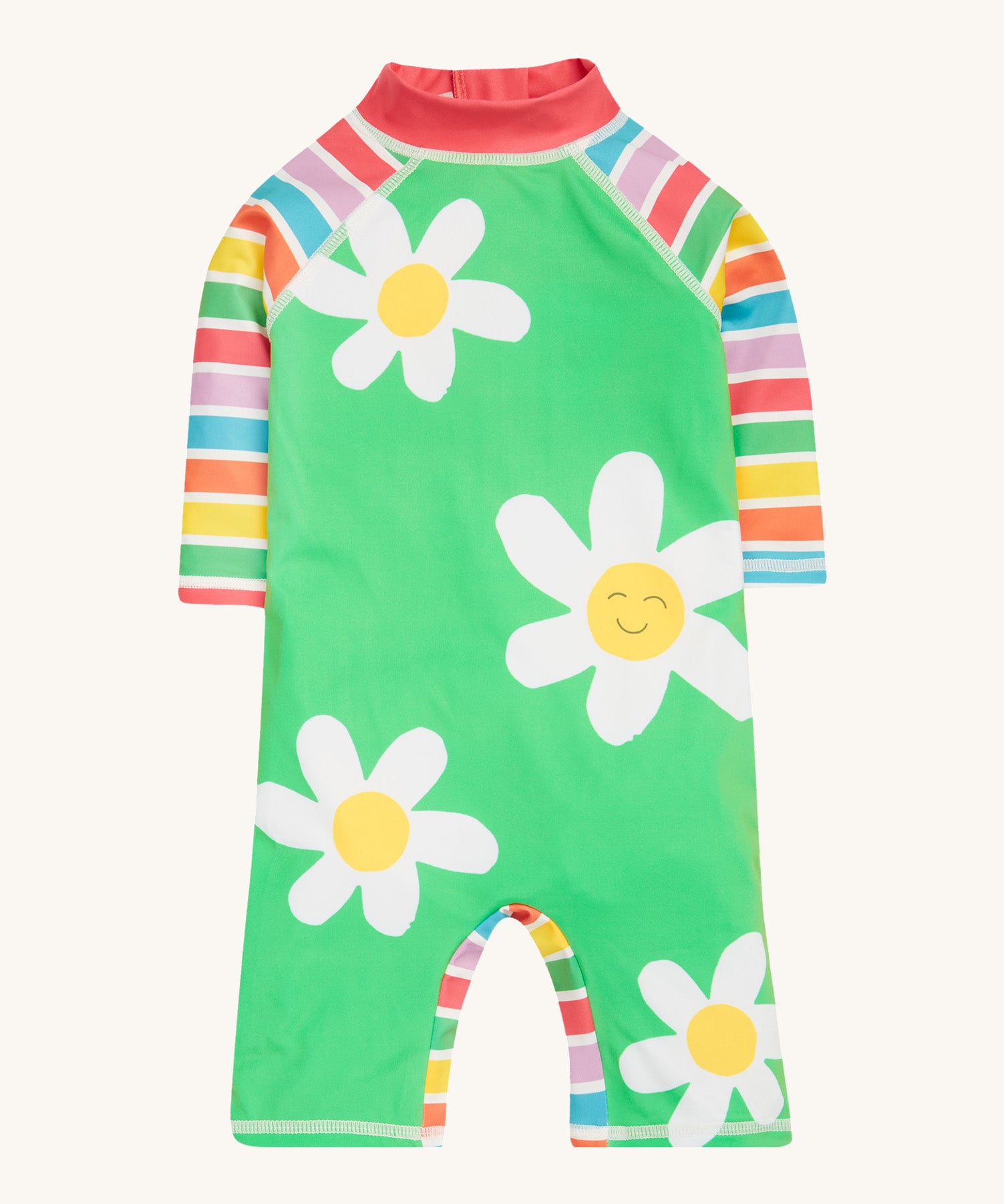 Frugi green and stripe sun safe suit daisy design on a cream background.