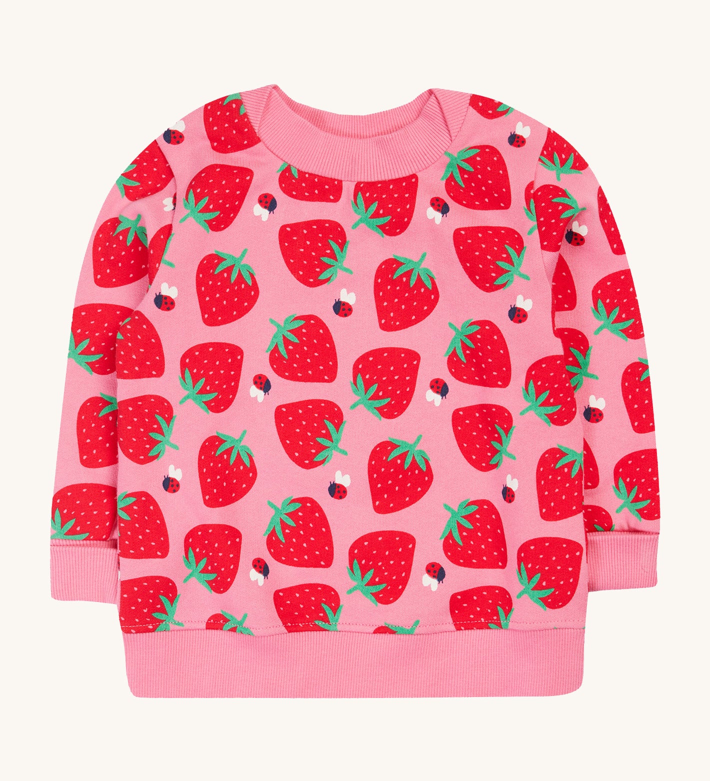 Frugi pink sweater strawberry pals design