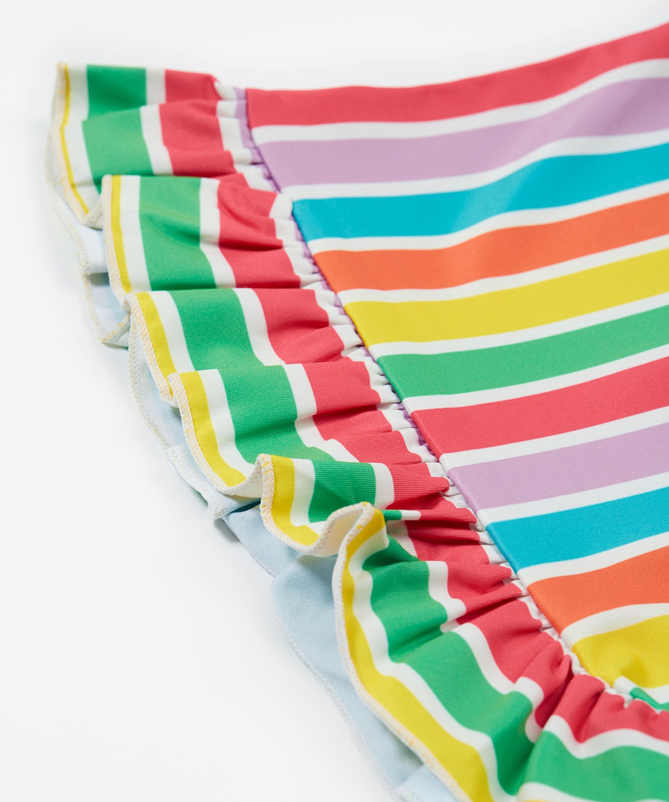 Frugi swim set in a pastel multicoloured stripe design frill detail