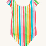 Frugi swim suit in a light multicoloured striped design on a cream background.