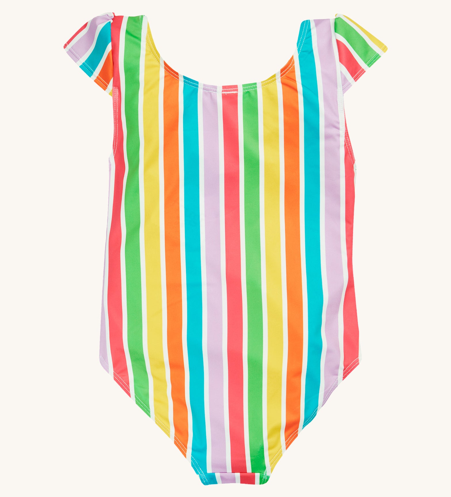 Frugi swim suit in a light multicoloured striped design on a cream background.