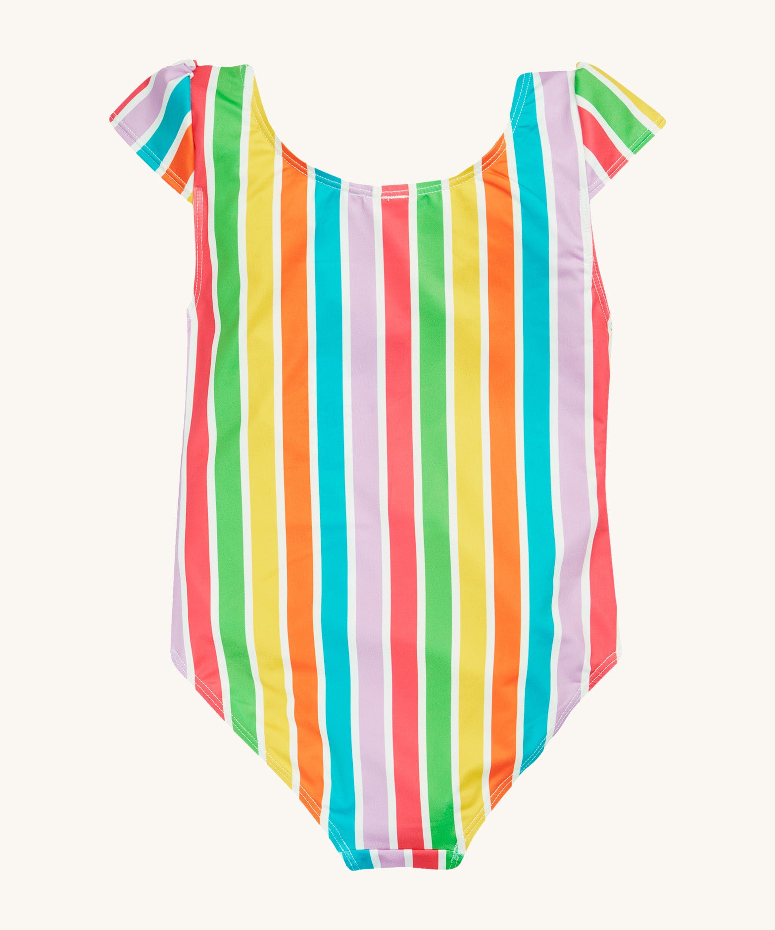 Frugi swim suit in a light multicoloured striped design on a cream background.