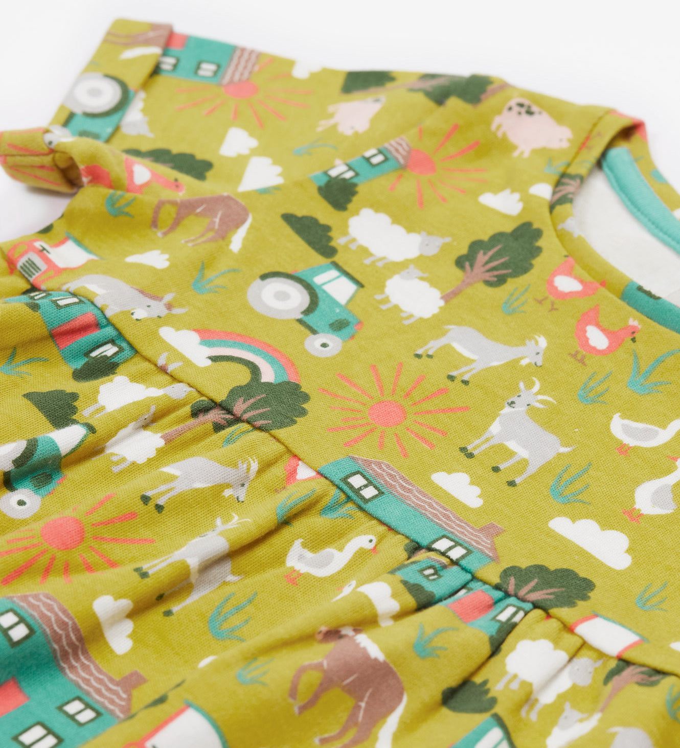 Frugi green dress farm life neck and print detail