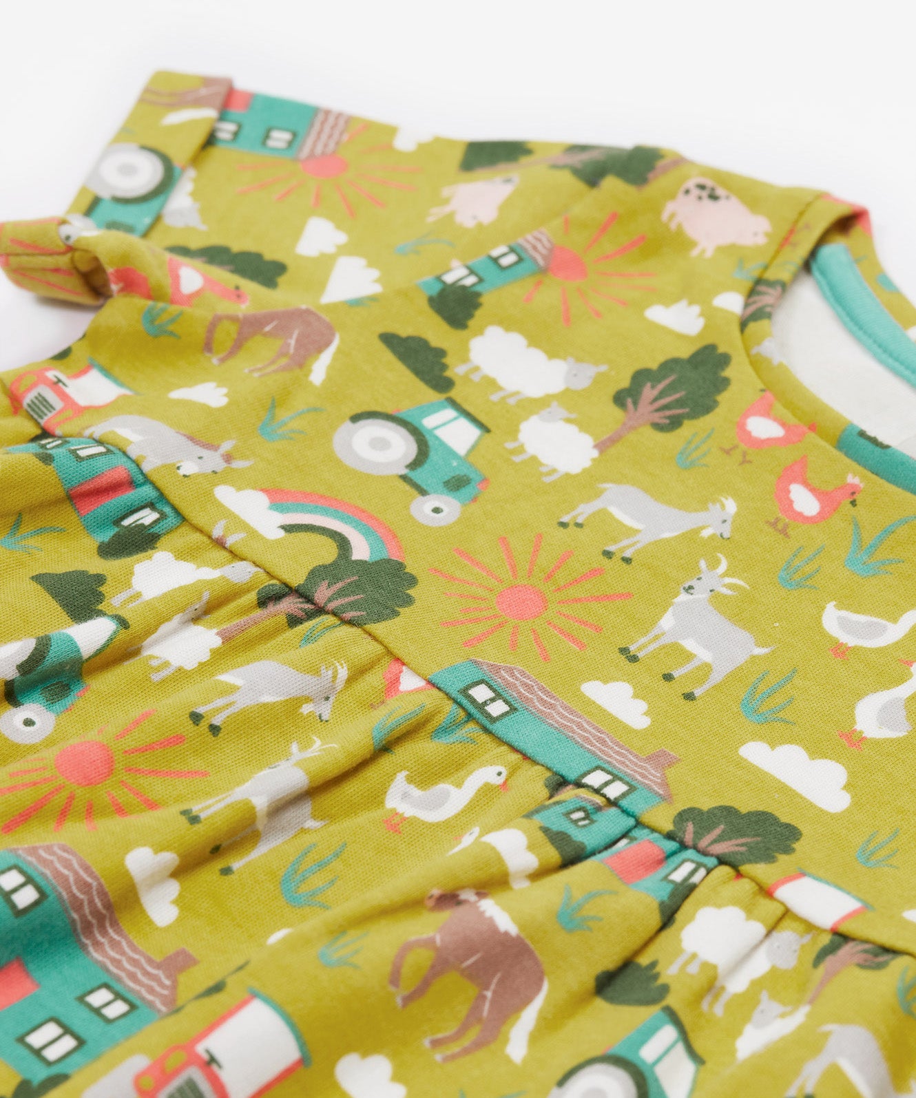 Frugi green dress farm life neck and print detail