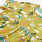 Frugi green dress farm life neck and print detail