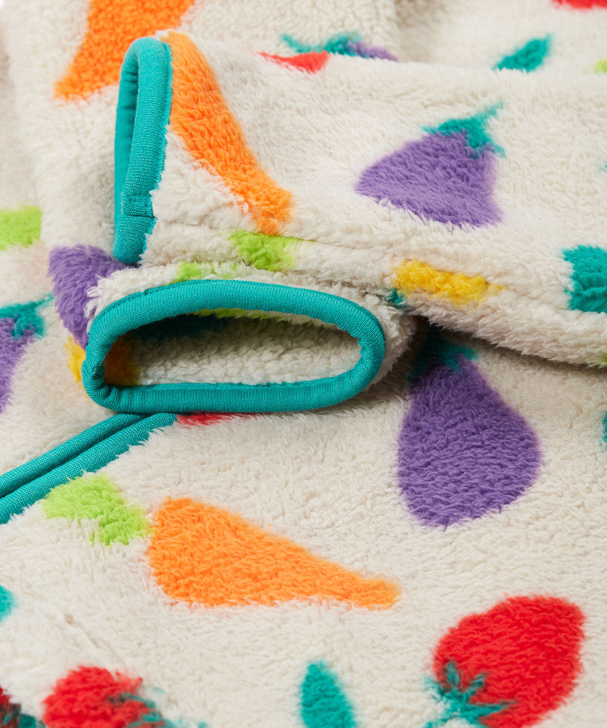 Frugi white fleece veg patch cuff detail