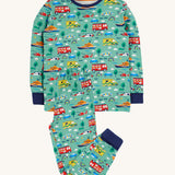 Frugi green pyjama set to the rescue design on a cream background.