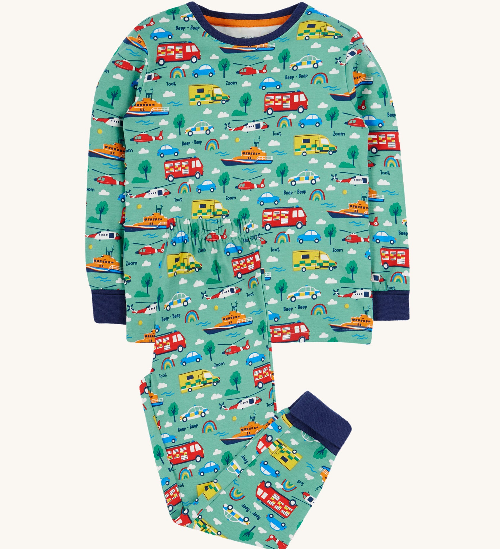 Frugi green pyjama set to the rescue design on a cream background.