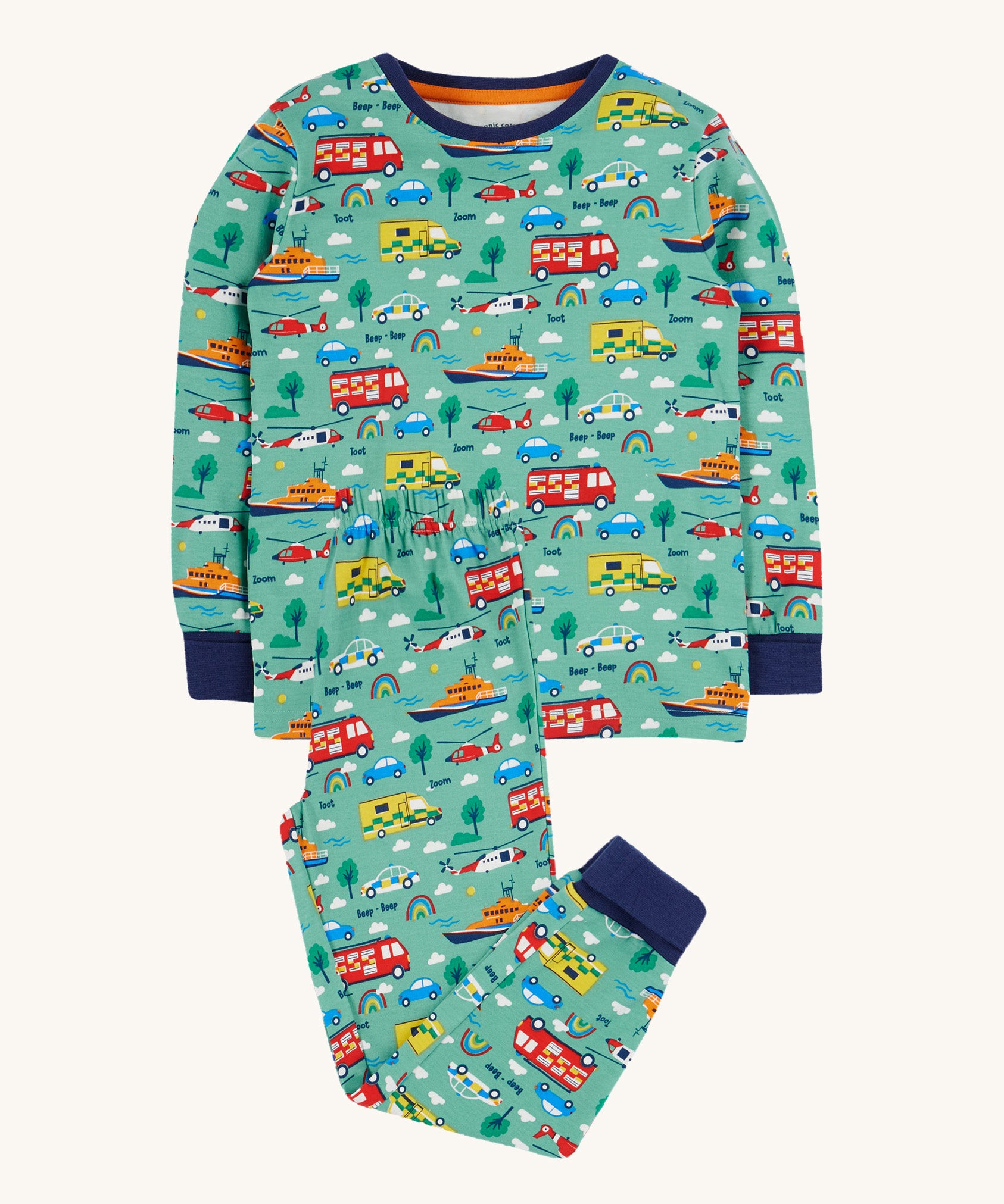 Frugi green pyjama set to the rescue design on a cream background.