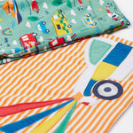 Frugi orange stripe to the rescue design front and leg  print detail