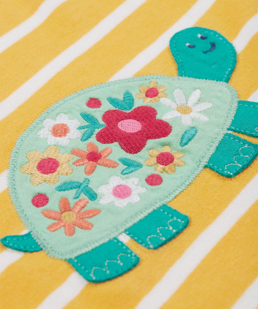 Frugi yellow striped tshirt tortoise and flower design tortoise detail