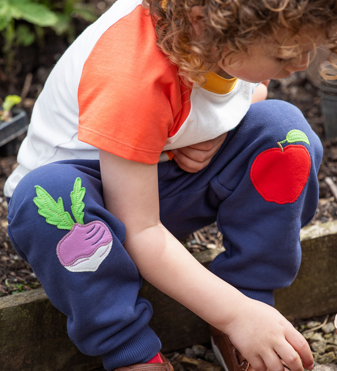 Frugi navy crawler joggers veg design 