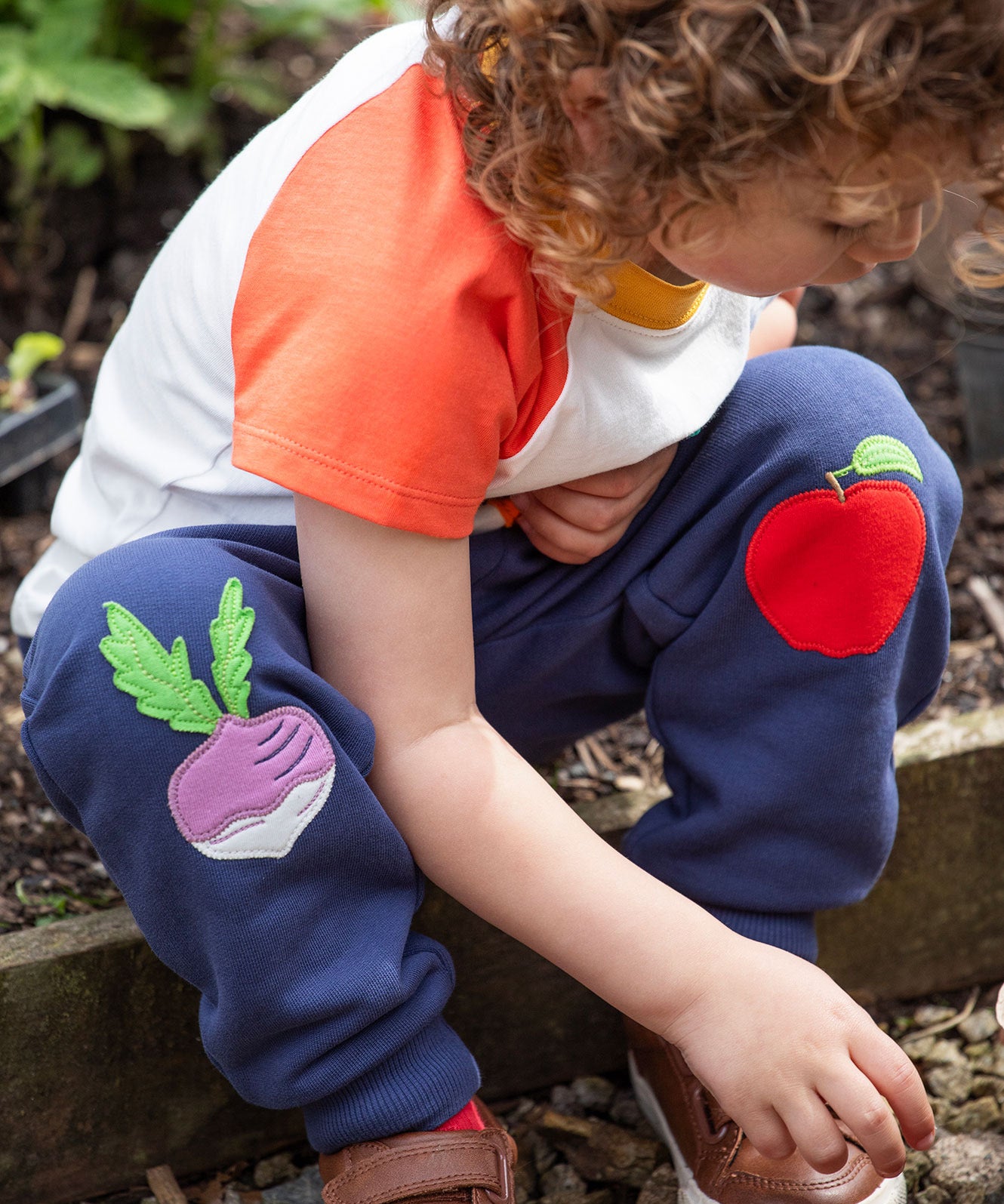 Frugi navy crawler joggers veg design 