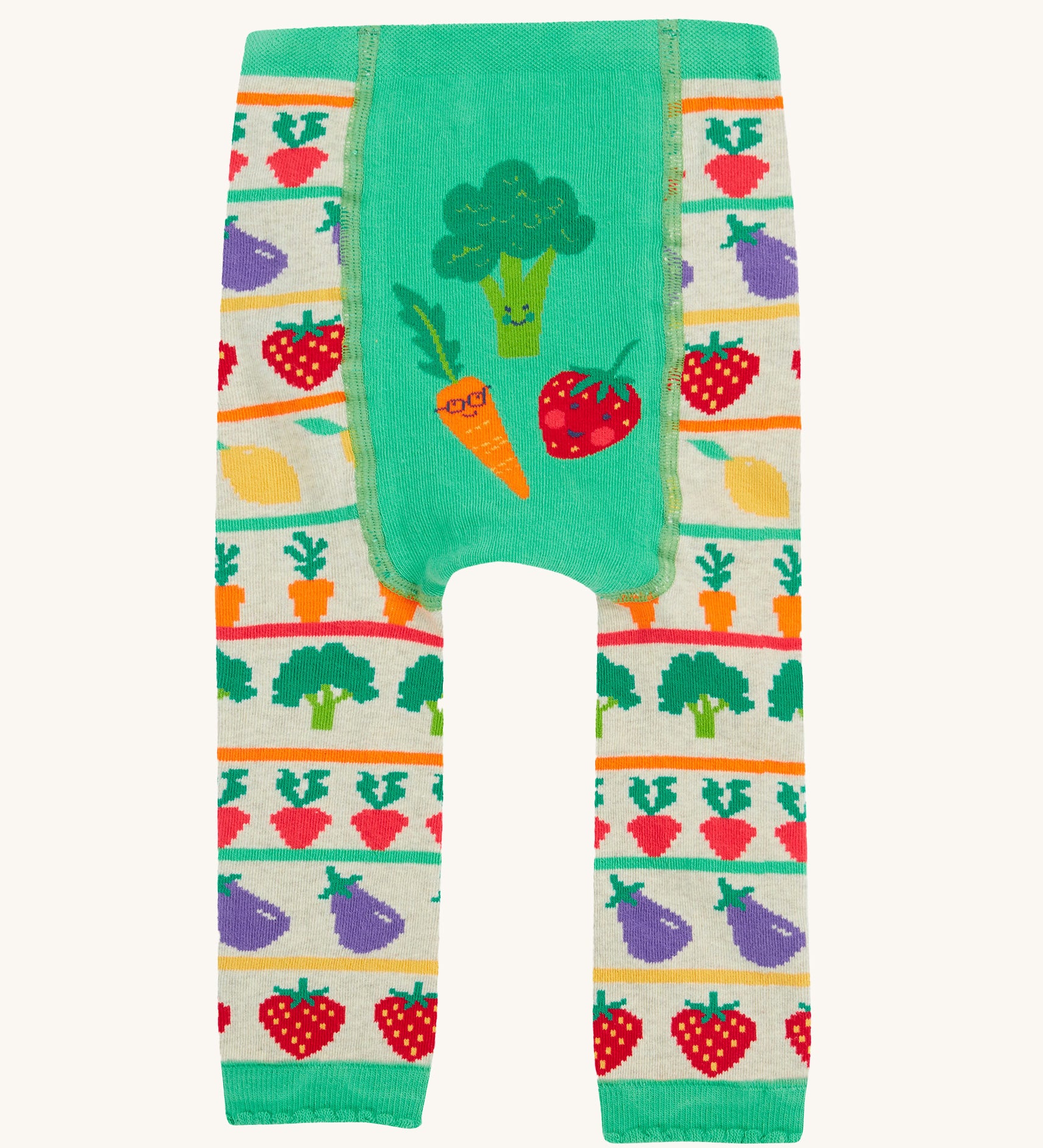 Frugi knitted leggings veg pals design on a cream background