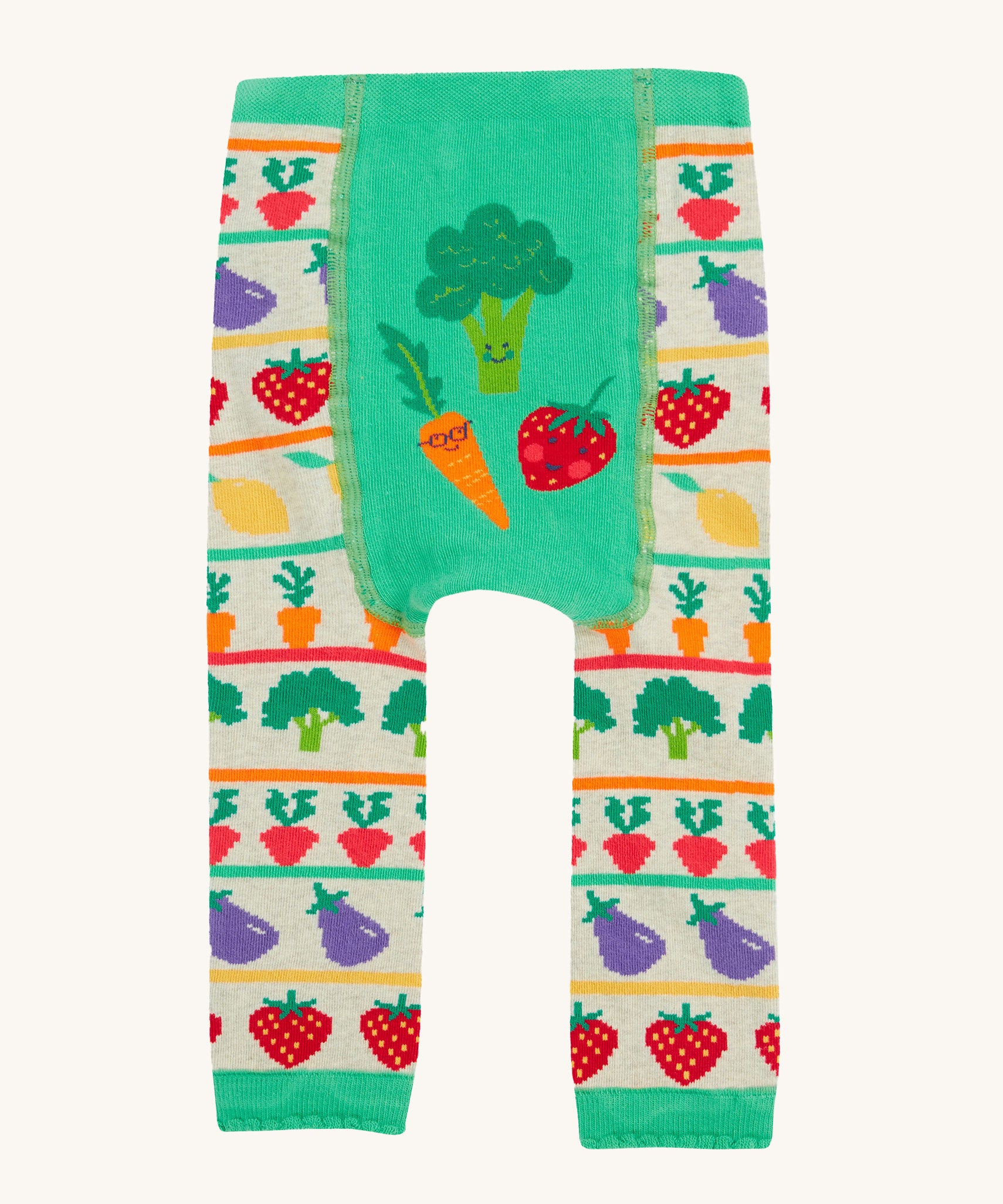 Frugi knitted leggings veg pals design on a cream background