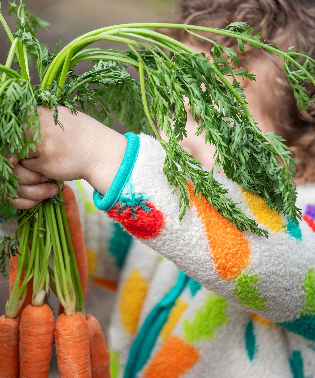 Frugi white fleece veg patch design 