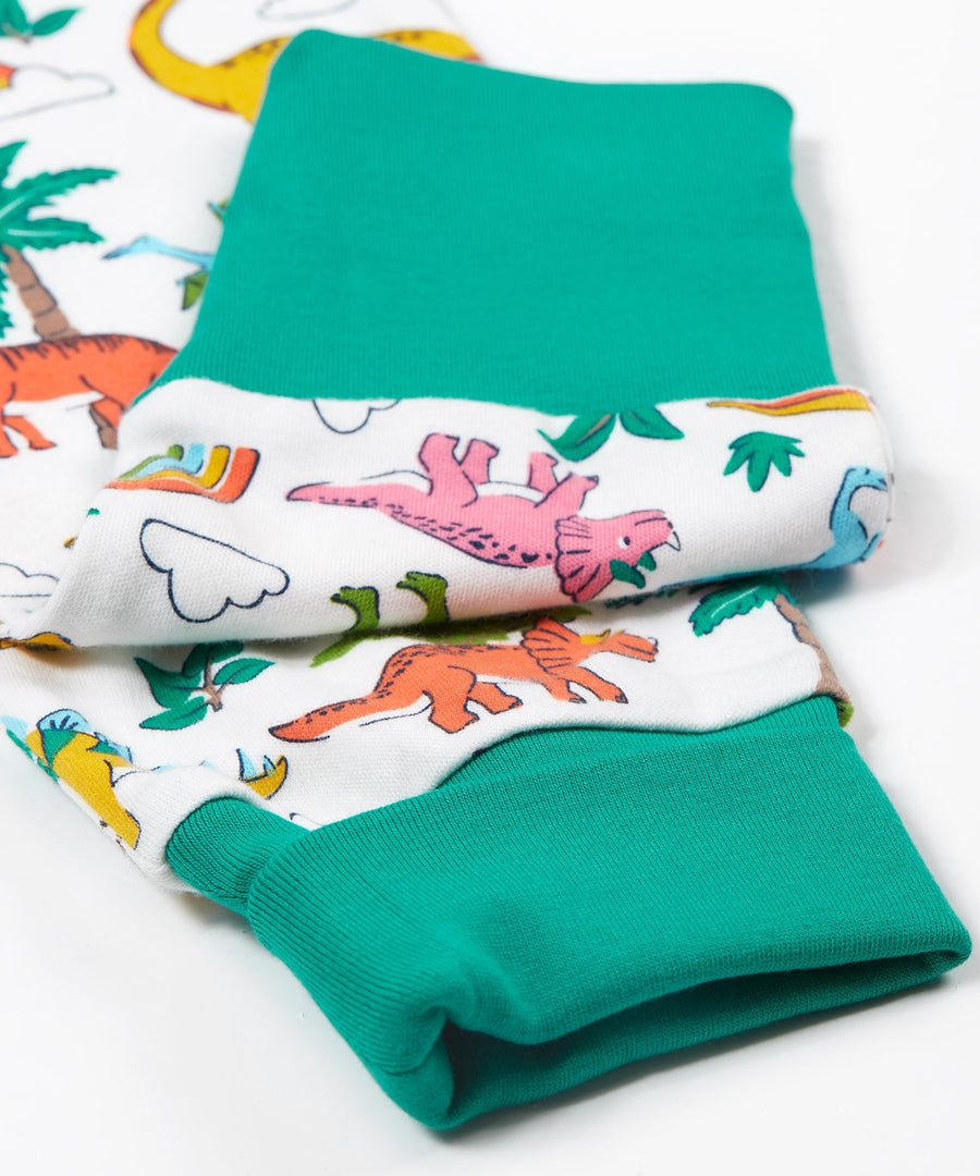 Frugi white pyjama set dinoland cuff detail