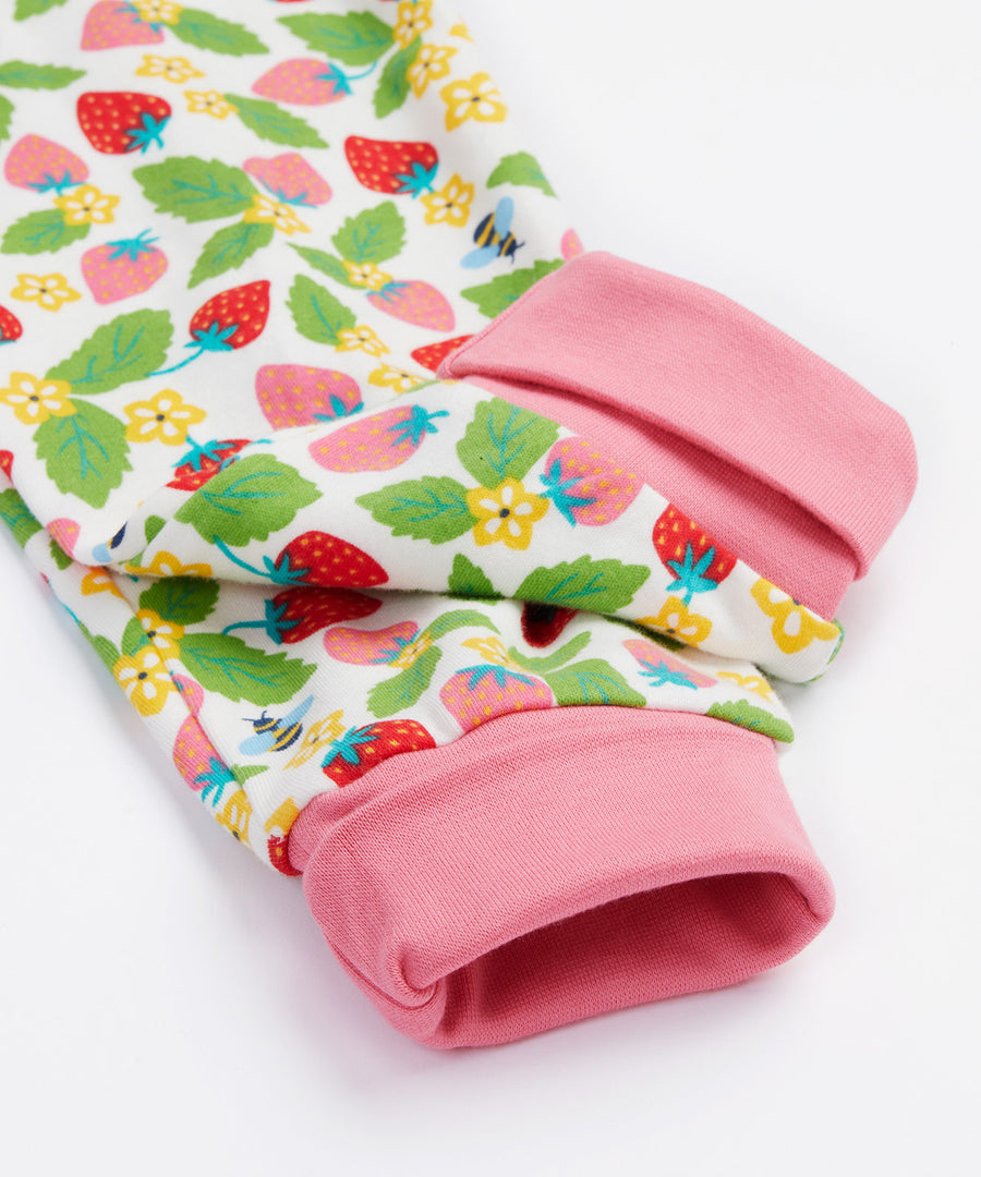 Frugi white pyjama set strawberry field bottom cuff detail