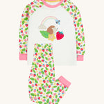 Frugi white pyjama set strawberry field design on a cream background.