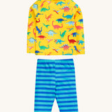 Frugi yellow, blue stripe sun safe dino roar design set on a cream background.