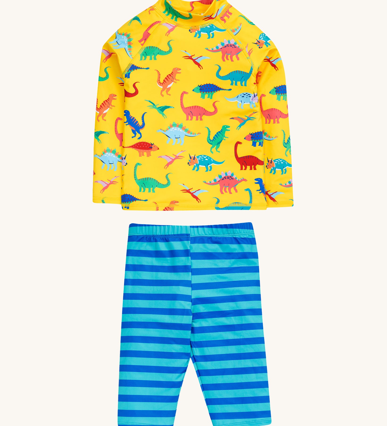 Frugi yellow, blue stripe sun safe dino roar design set on a cream background.