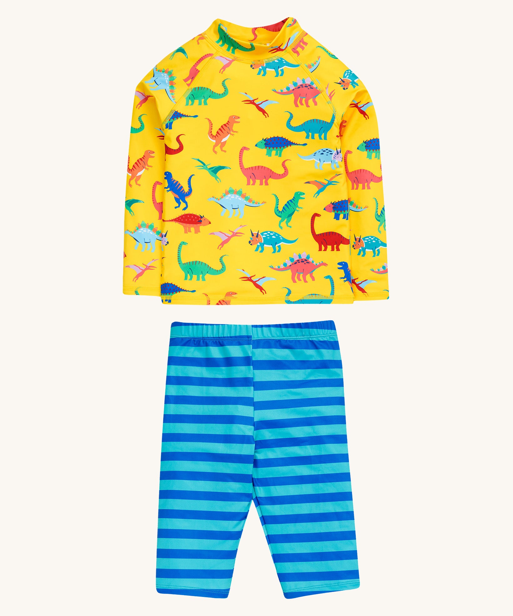 Frugi yellow, blue stripe sun safe dino roar design set on a cream background.