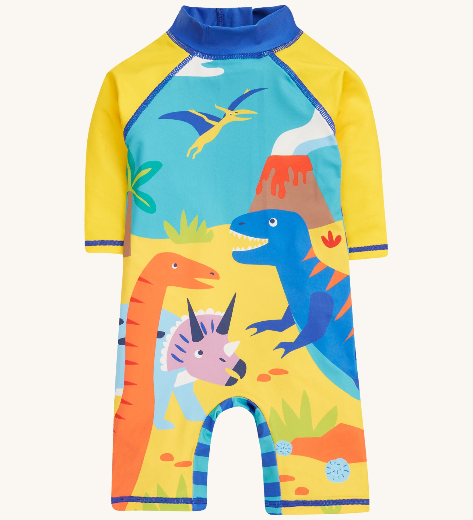 Frugi yellow little sun safe suit dino design on a cream background.