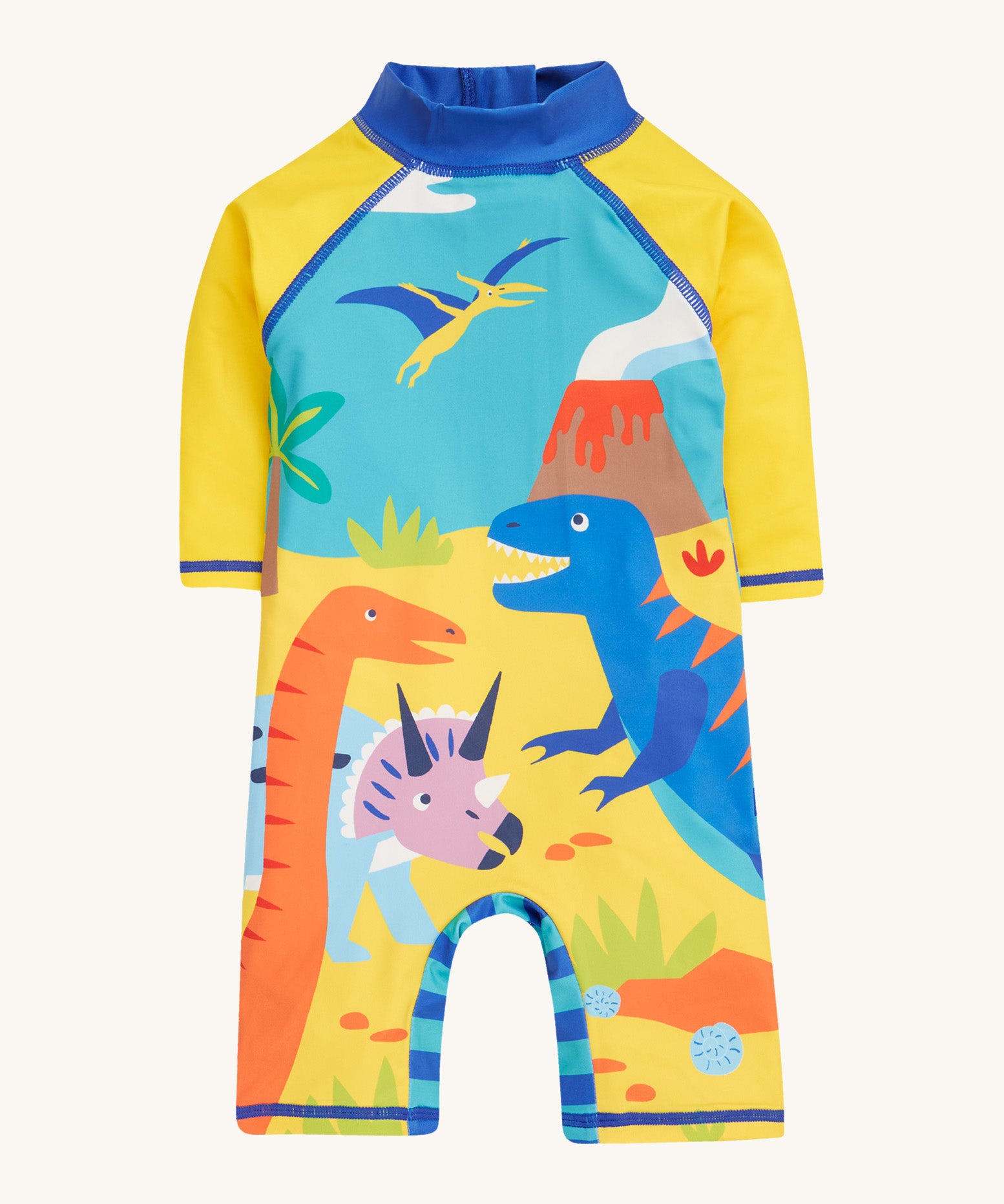 Frugi yellow little sun safe suit dino design on a cream background.