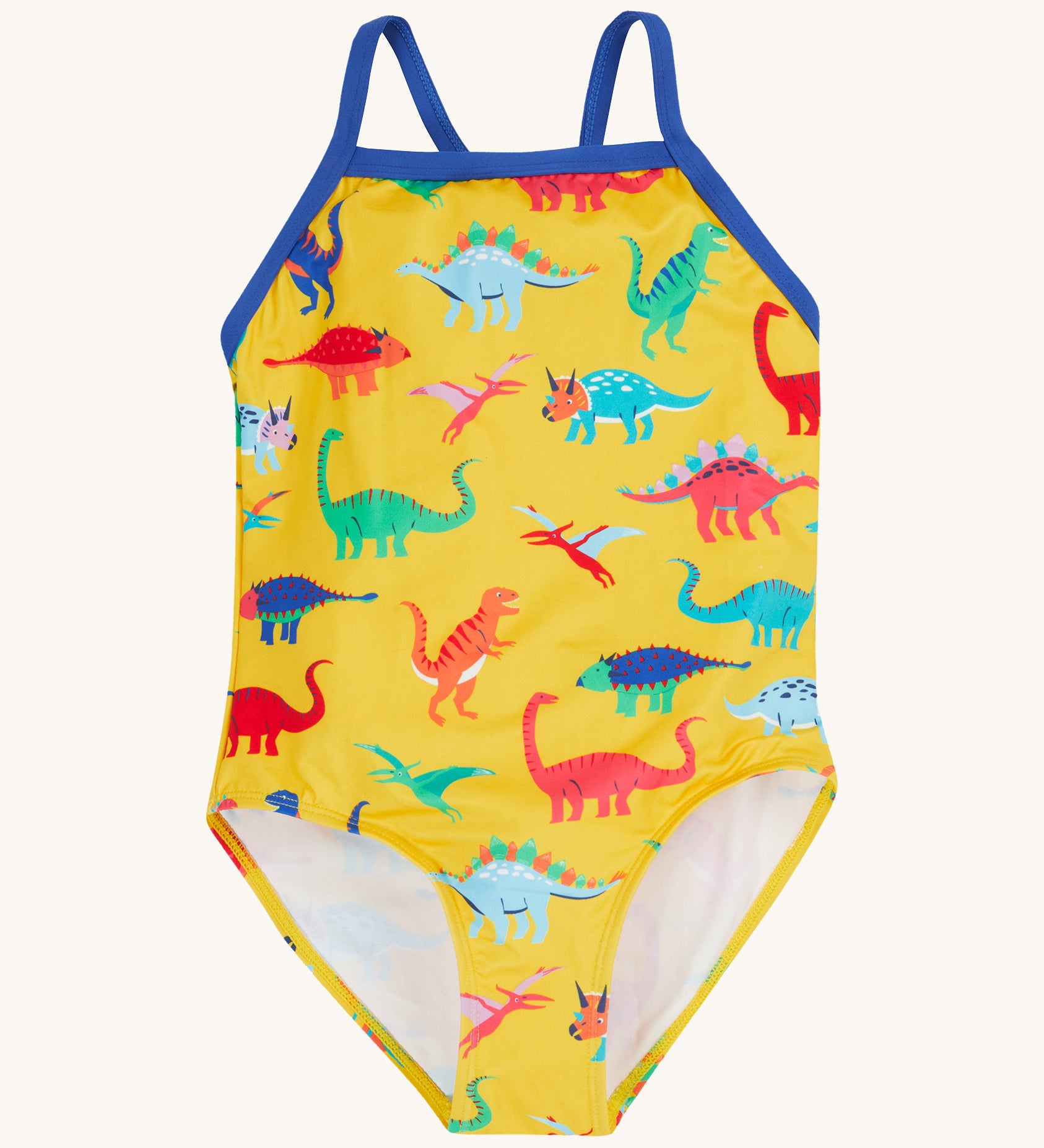 Frugi yellow swim suit dino roar design on a cream background.