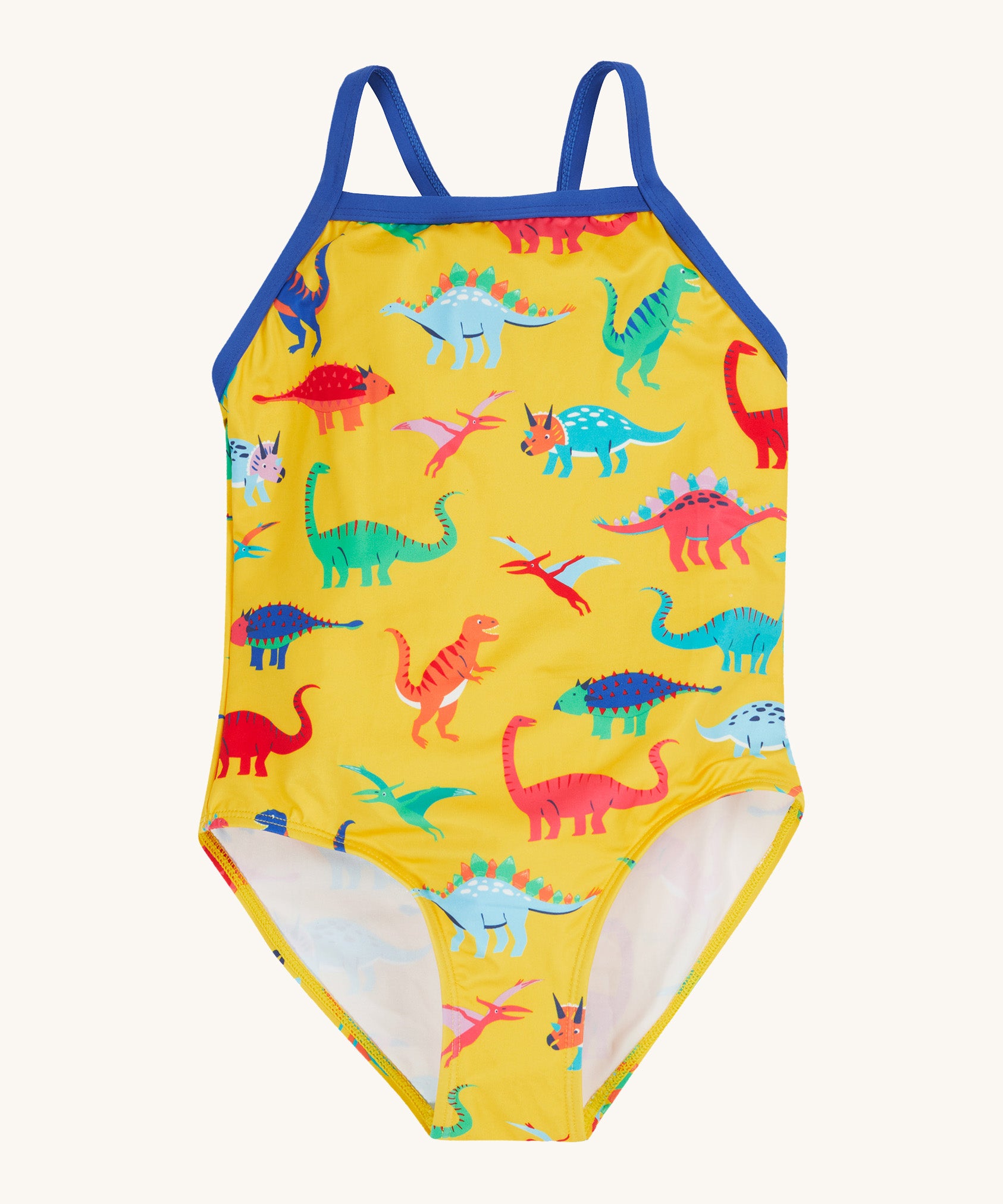 Frugi yellow swim suit dino roar design on a cream background.