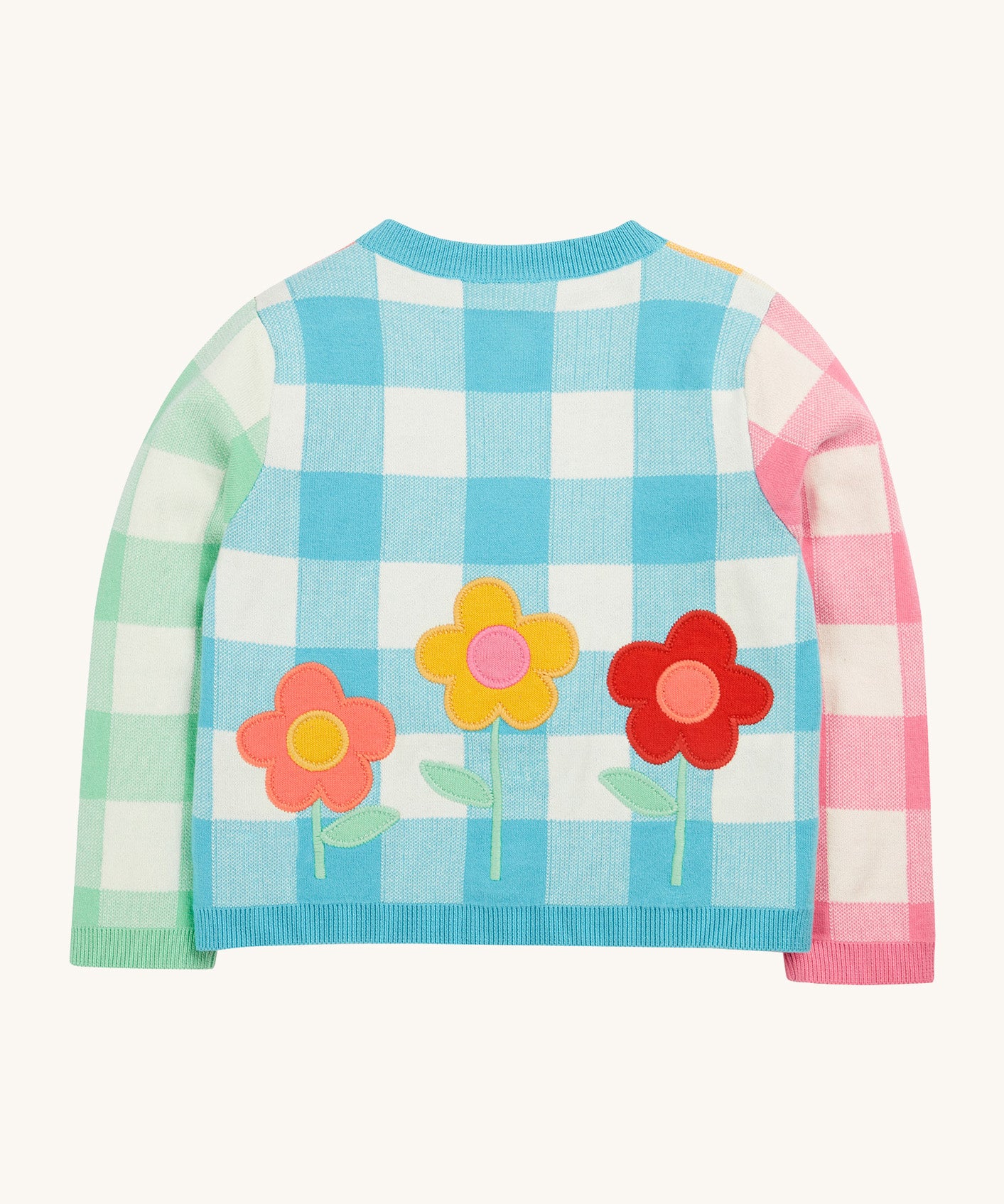 Frugi multicoloured check cardigan daisy design back detail