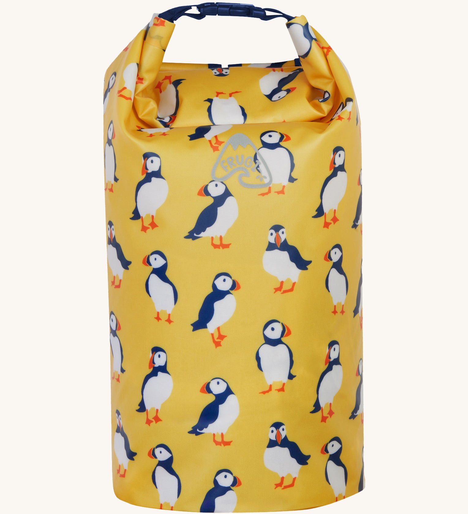 Frugi yellow dry bag puffin design on a cream background.