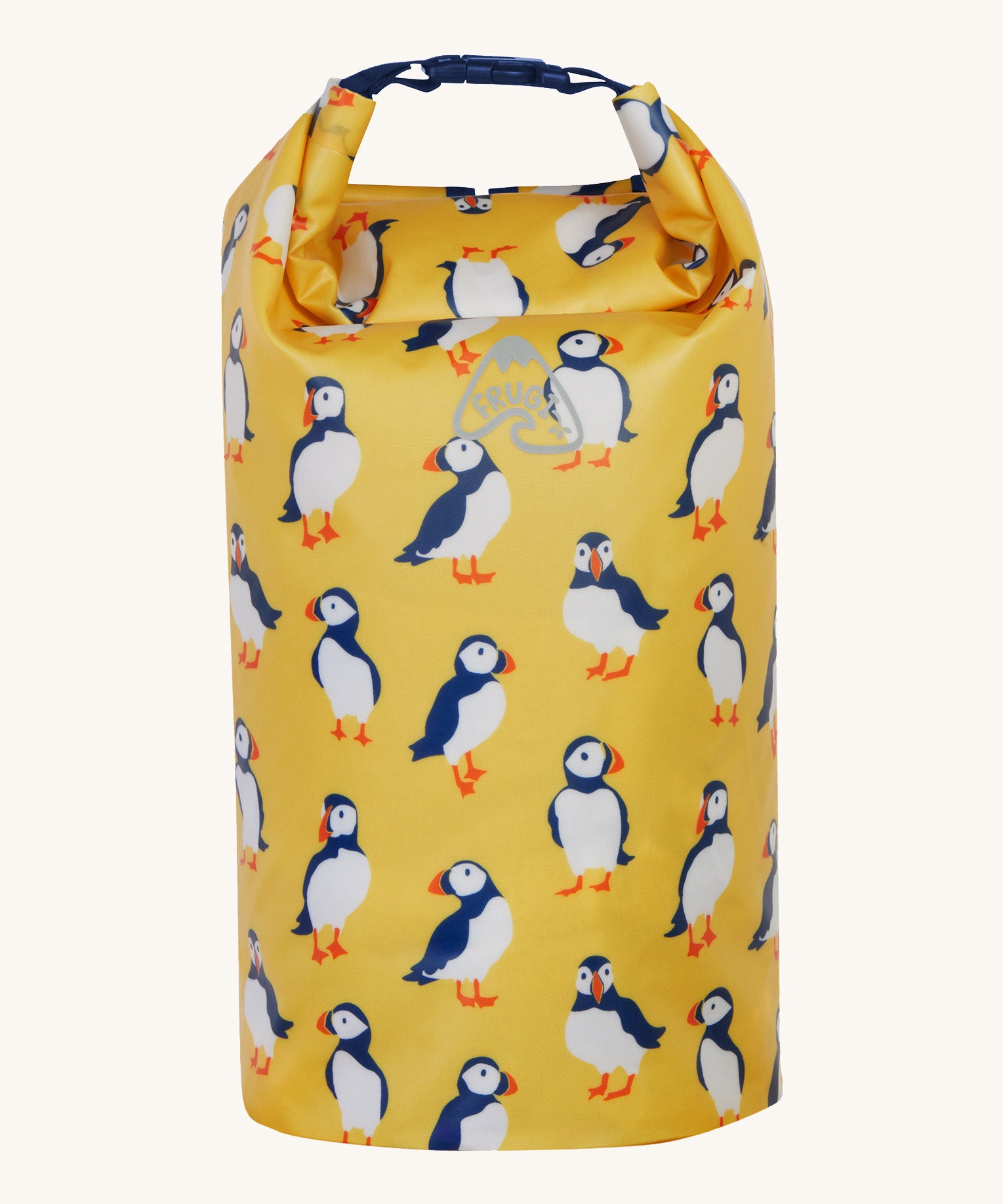 Frugi yellow dry bag puffin design on a cream background.