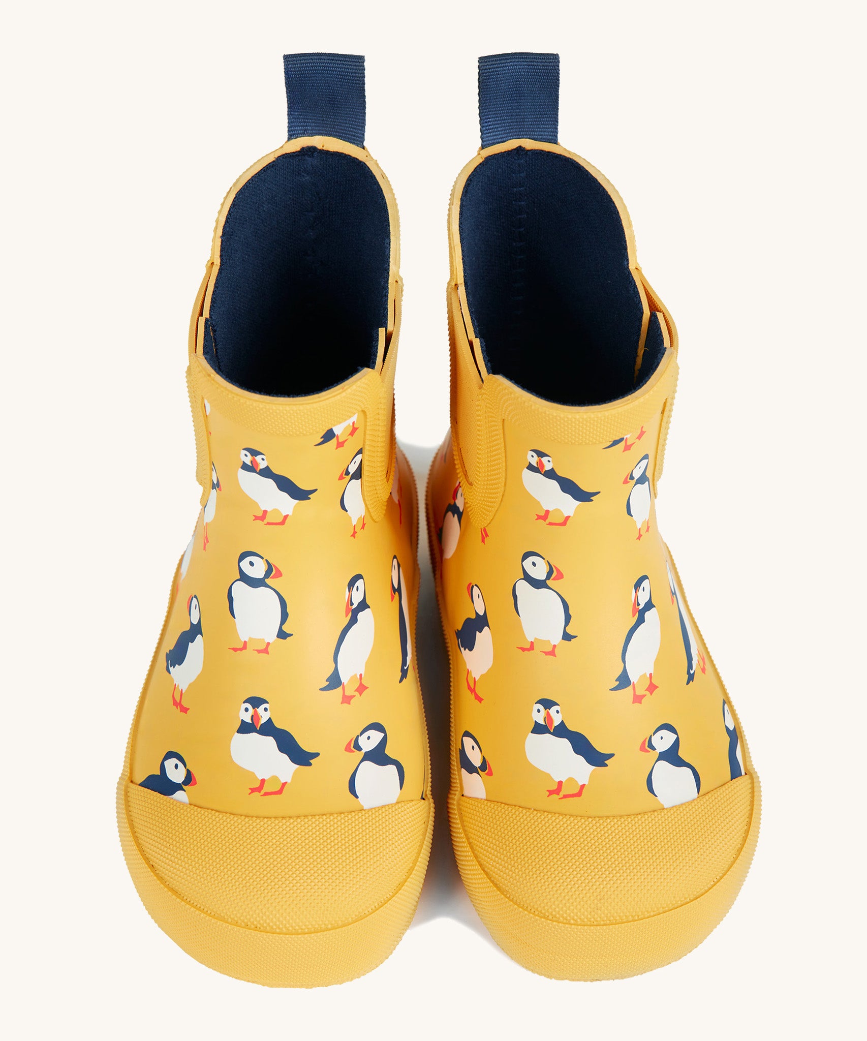 Frugi kids yellow wellington boots puffin design print detail