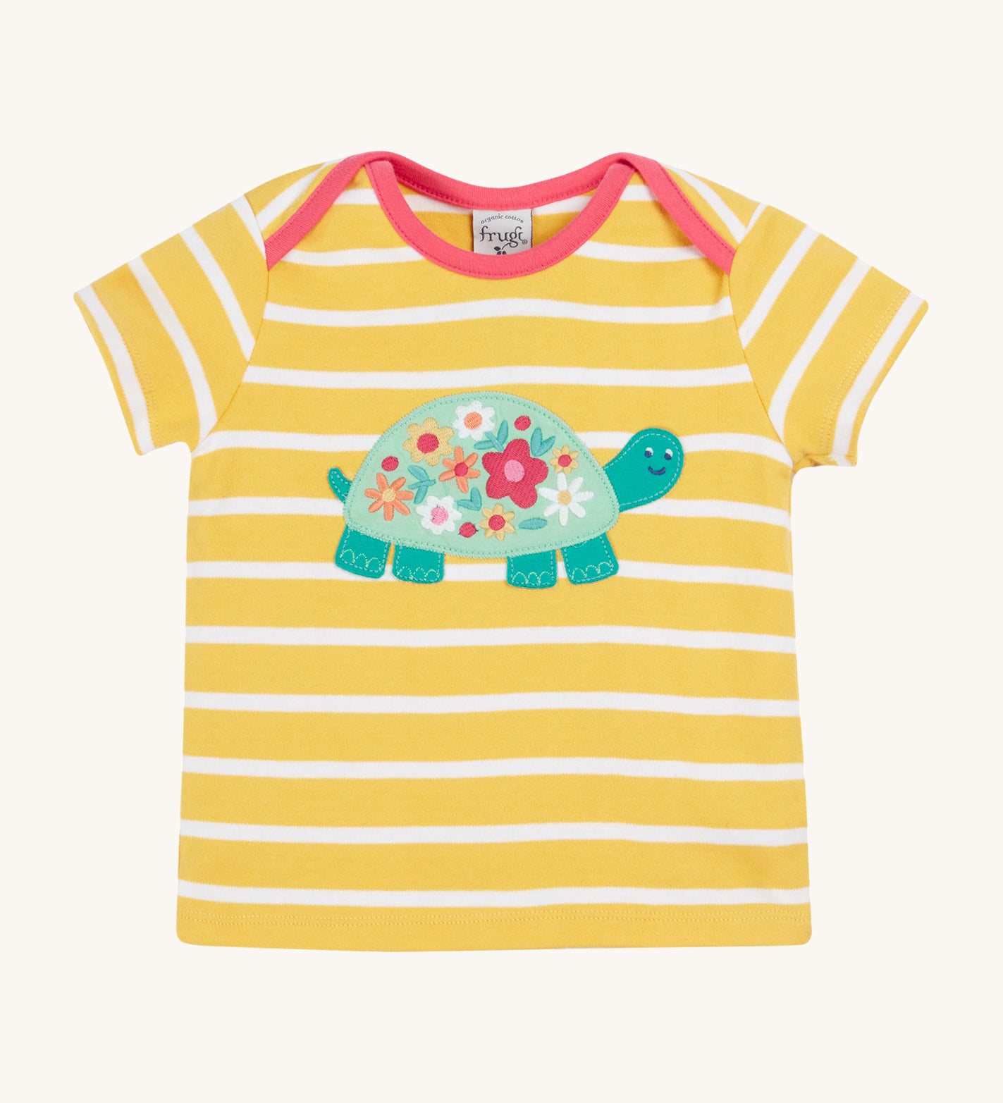 Frugi yellow striped tshirt tortoise and flower design on a cream background.