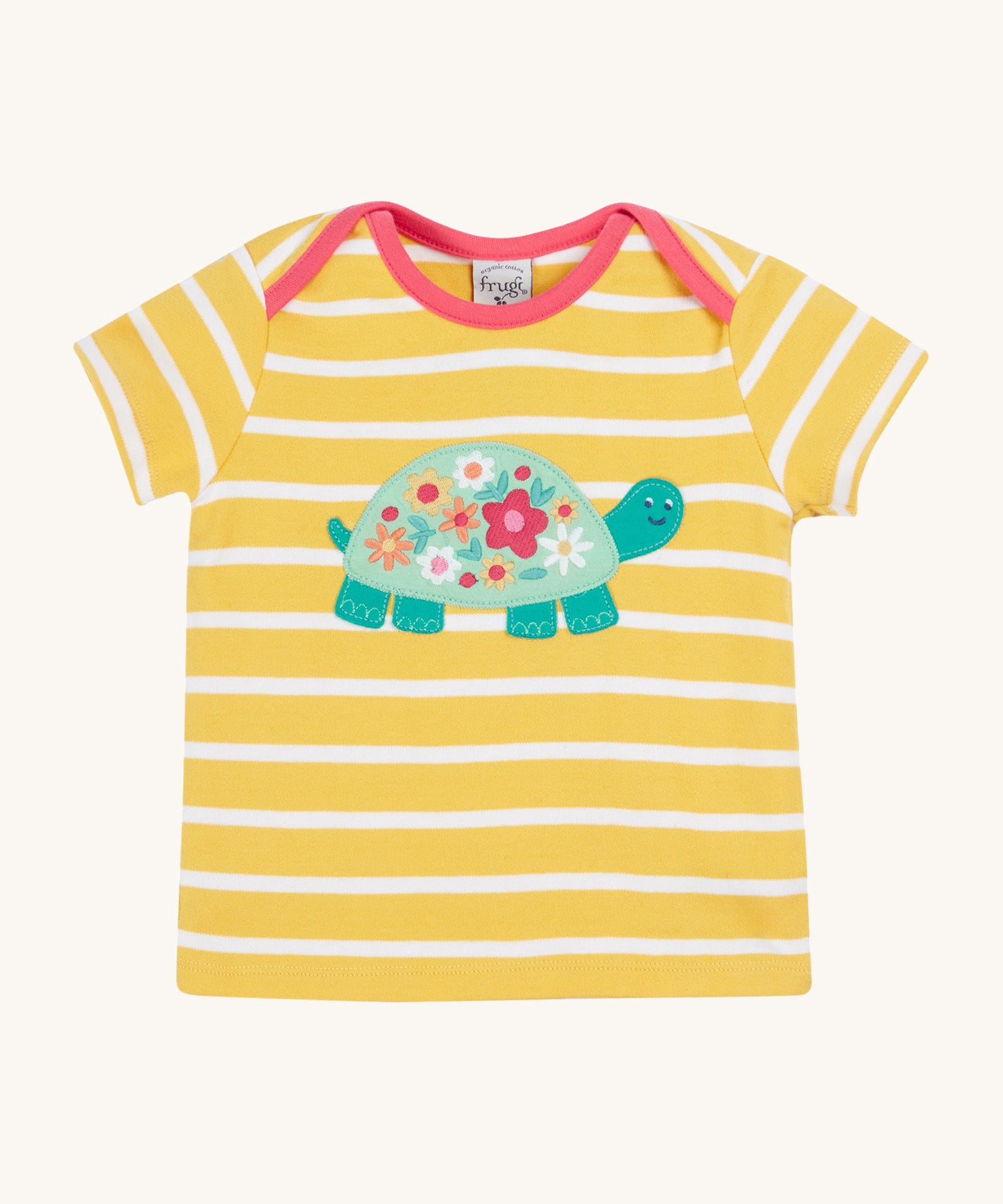 Frugi yellow striped tshirt tortoise and flower design on a cream background.