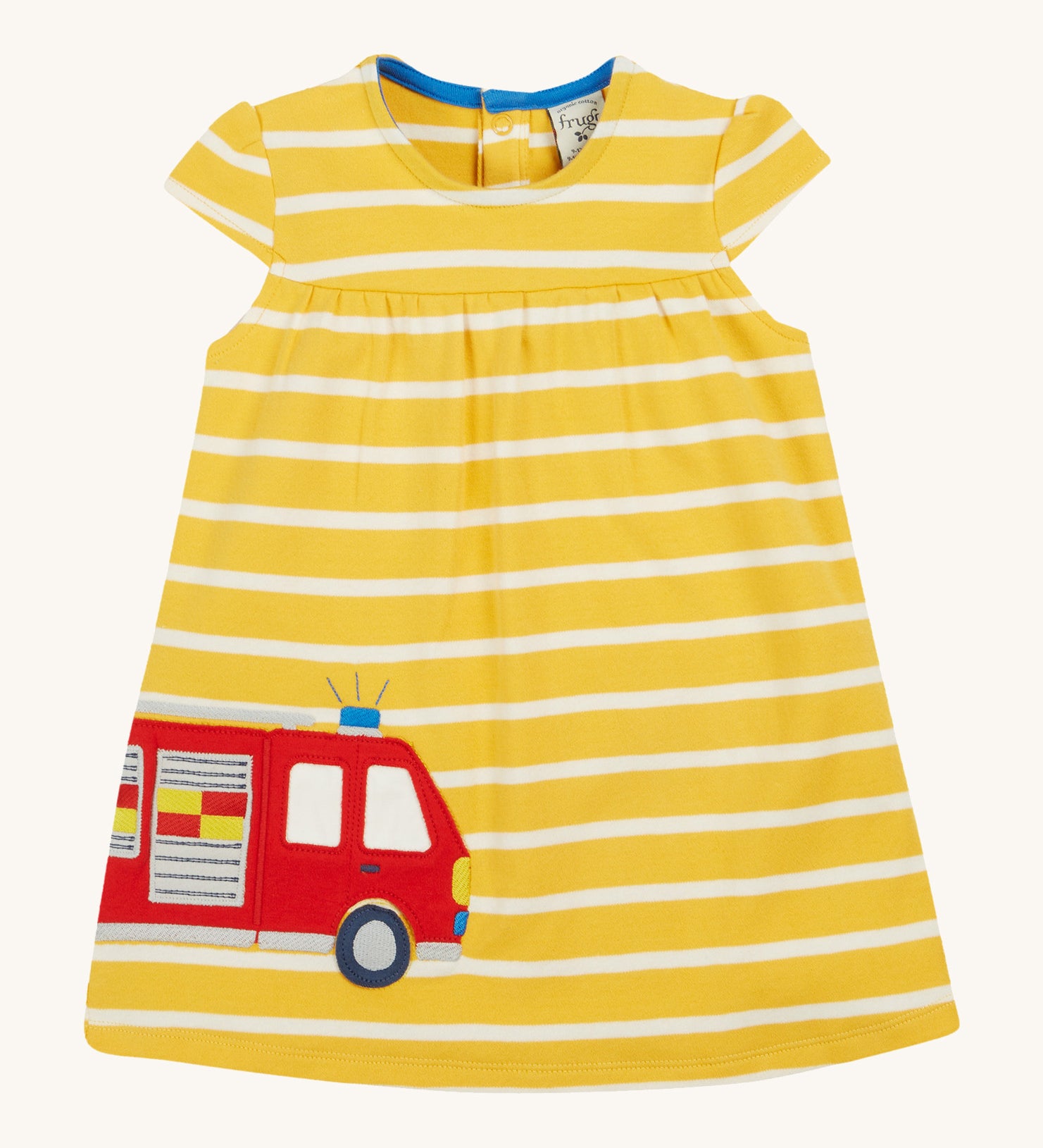 Frugi yellow striped dress fire engine design on a cream background.