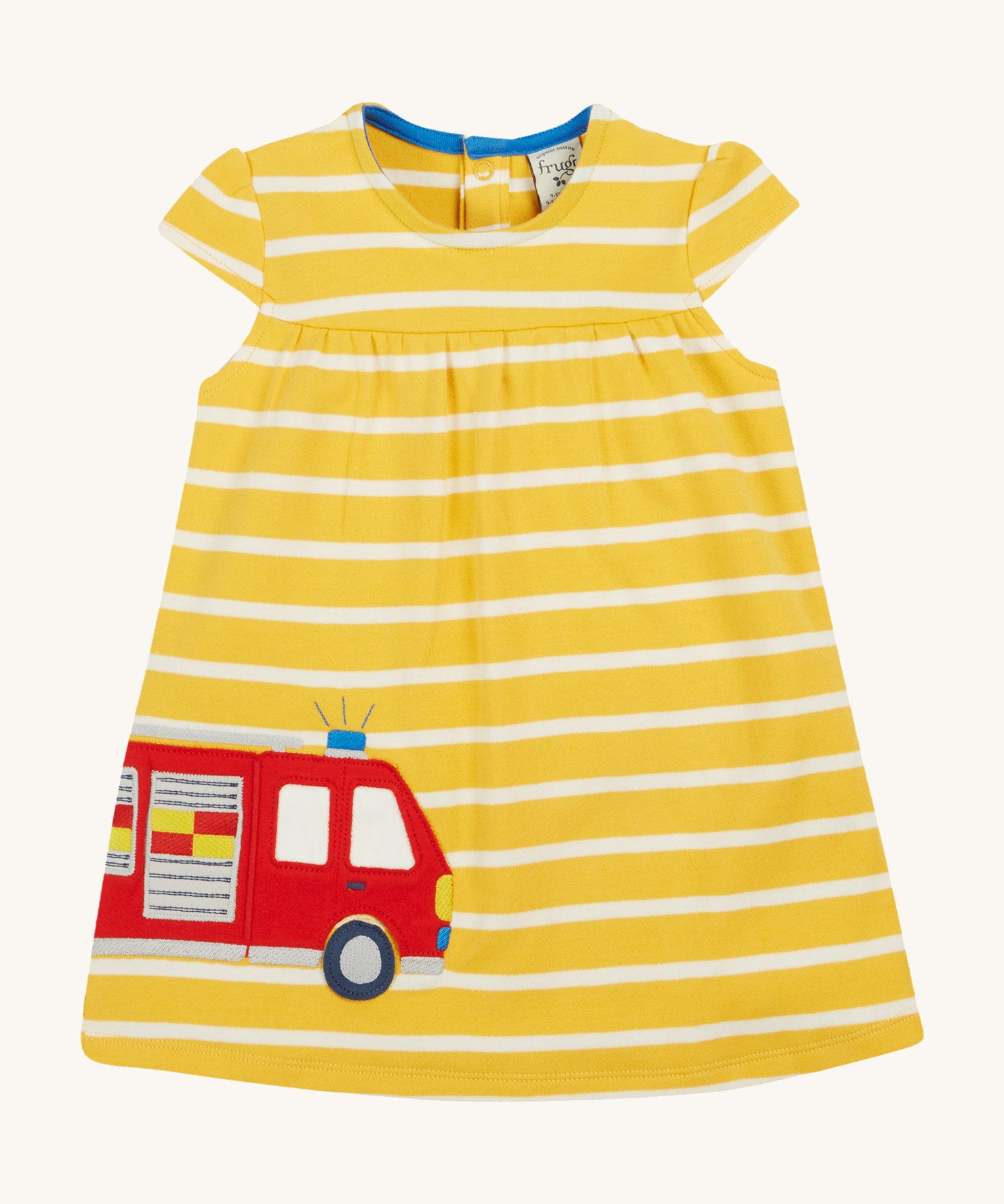 Frugi yellow striped dress fire engine design on a cream background.