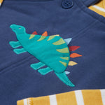 Frugi navy, yellow stripe dungaree outfit dino design front print detail