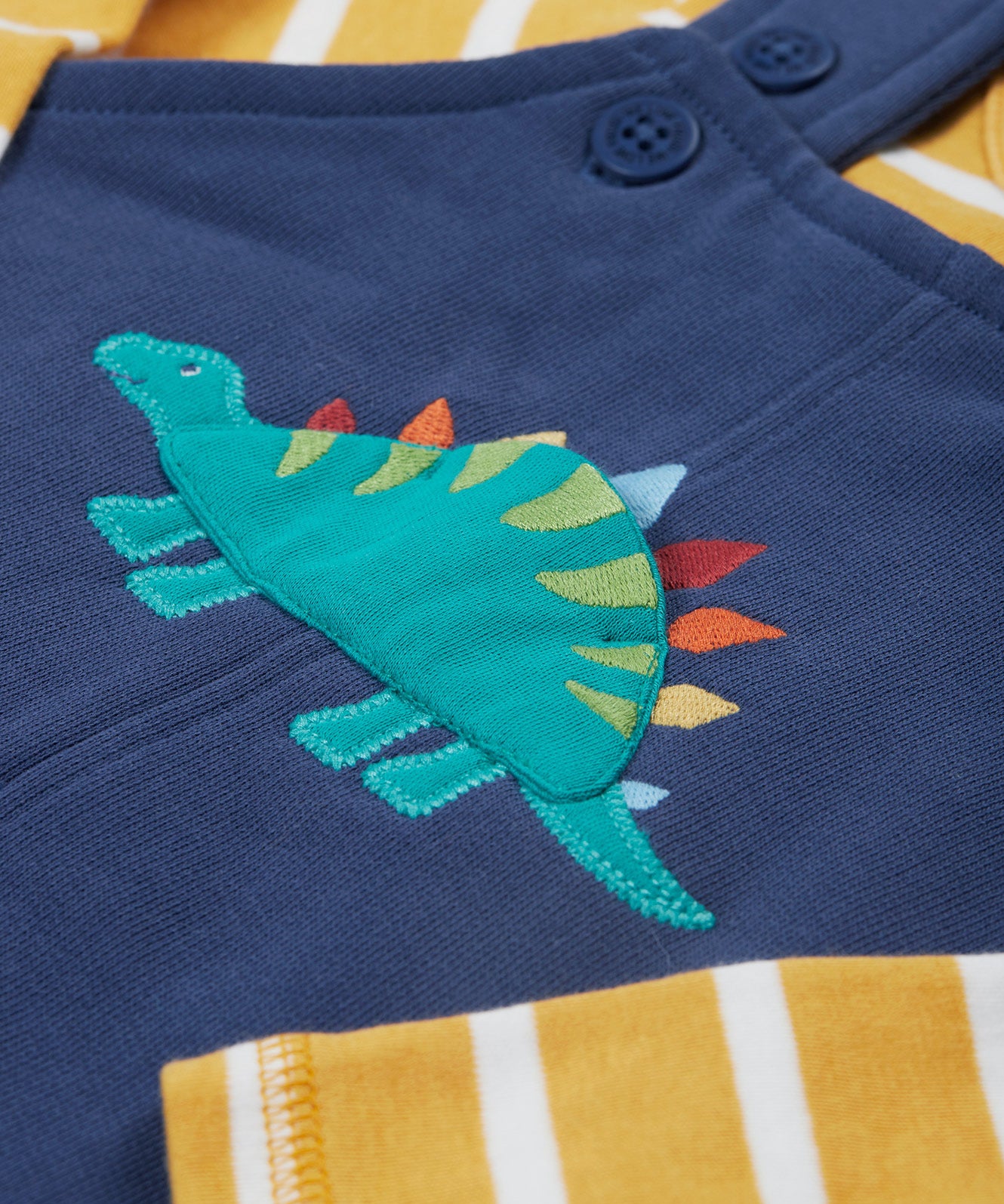 Frugi navy, yellow stripe dungaree outfit dino design front print detail