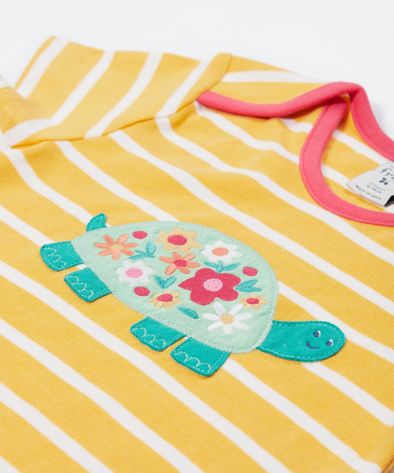 Frugi yellow striped tshirt tortoise and flower design tortoise and collar detail