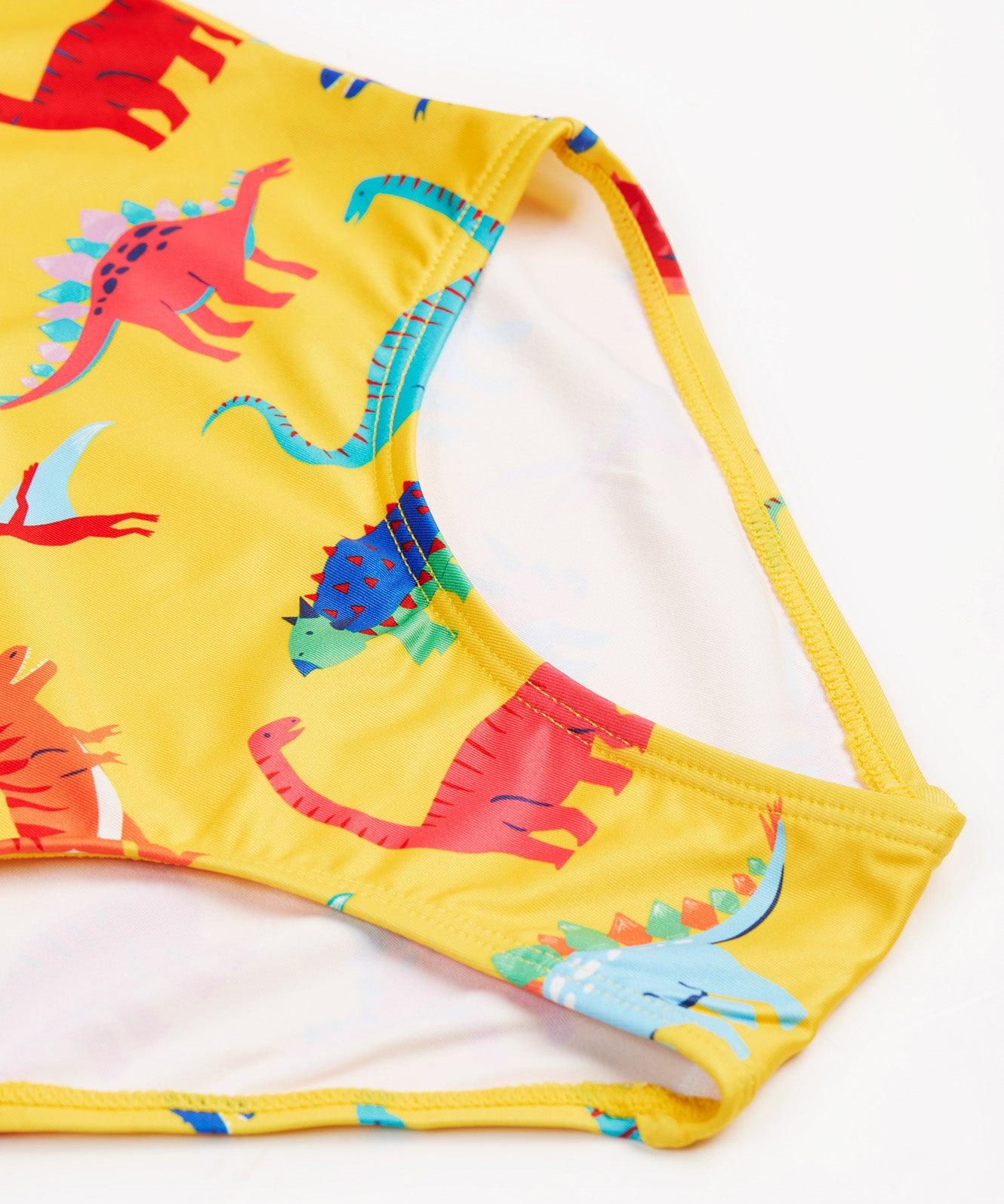 Frugi yellow swim suit dino roar design leg detail