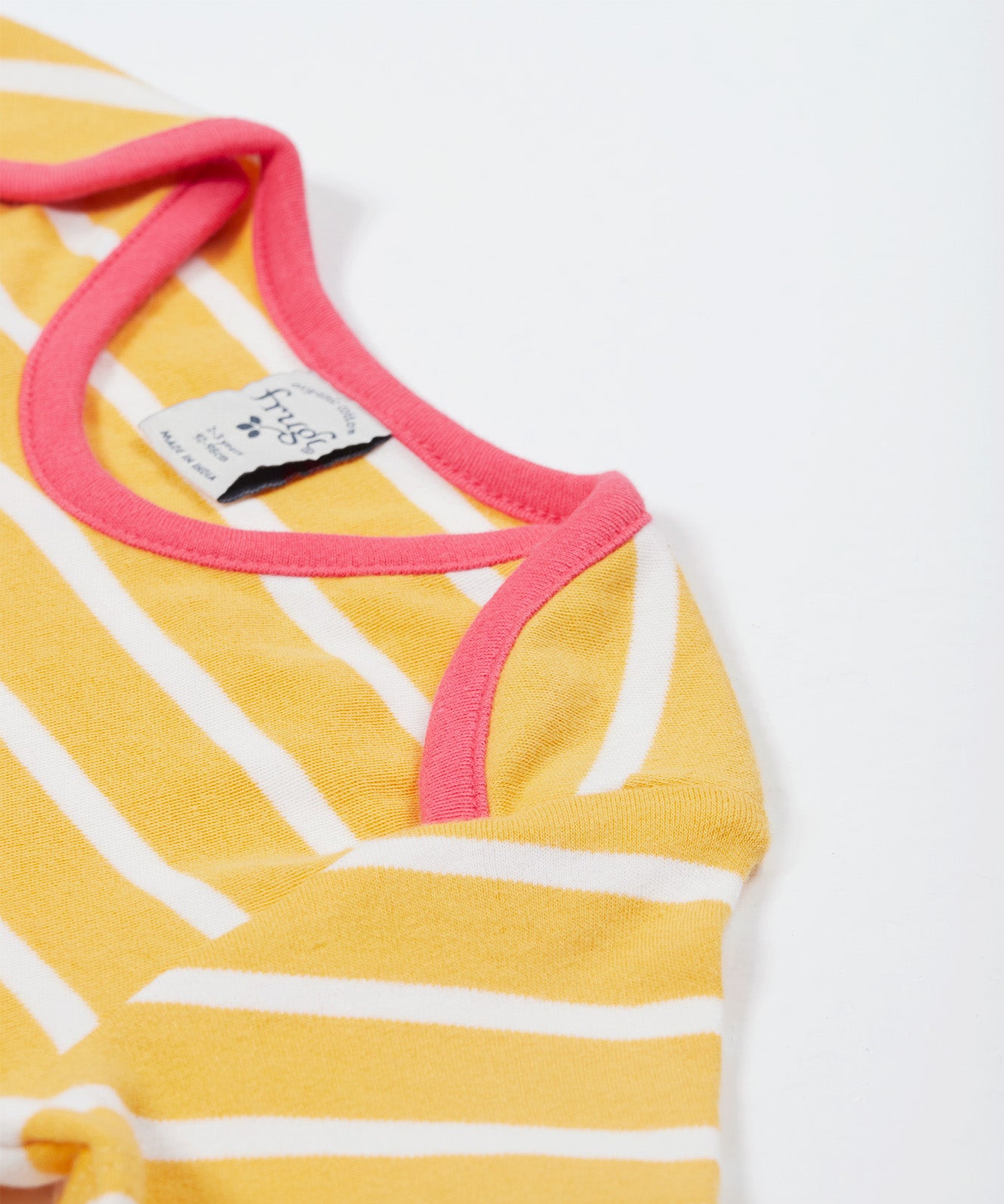 Frugi yellow striped tshirt tortoise and flower design collar detail.