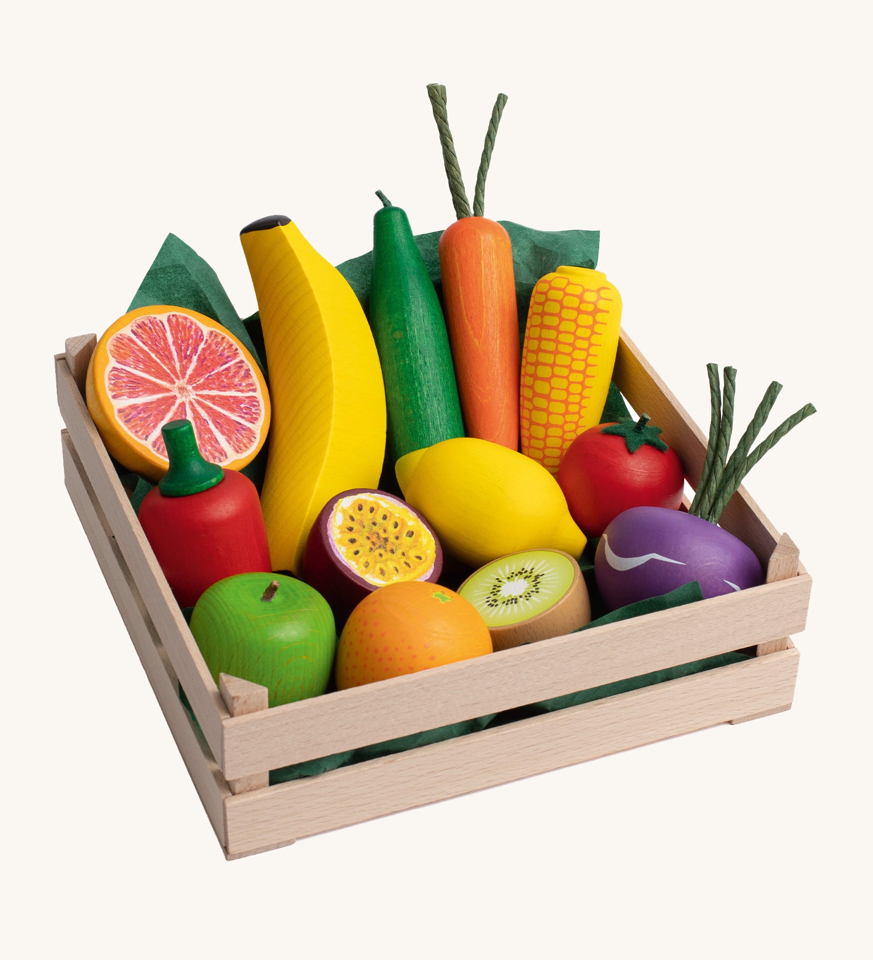 Erzi Wooden Assorted Fruits & Vegetables XL. A fantastic selection of large wooden fruits and vegetables, neatly inside a wooden Erzi crate.