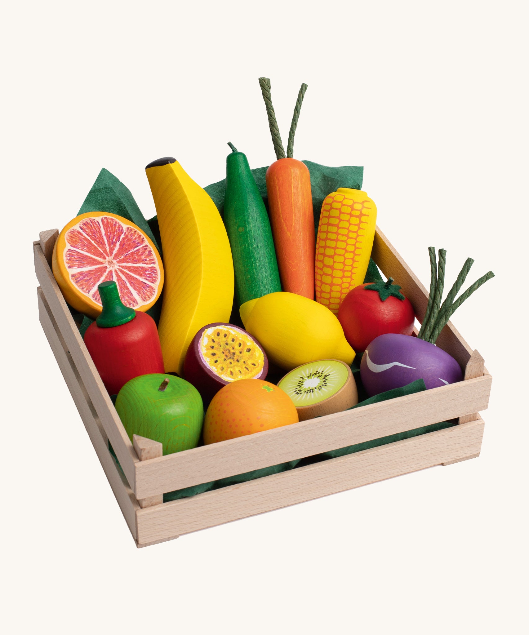 Erzi Wooden Assorted Fruits & Vegetables XL. A fantastic selection of large wooden fruits and vegetables, neatly inside a wooden Erzi crate.