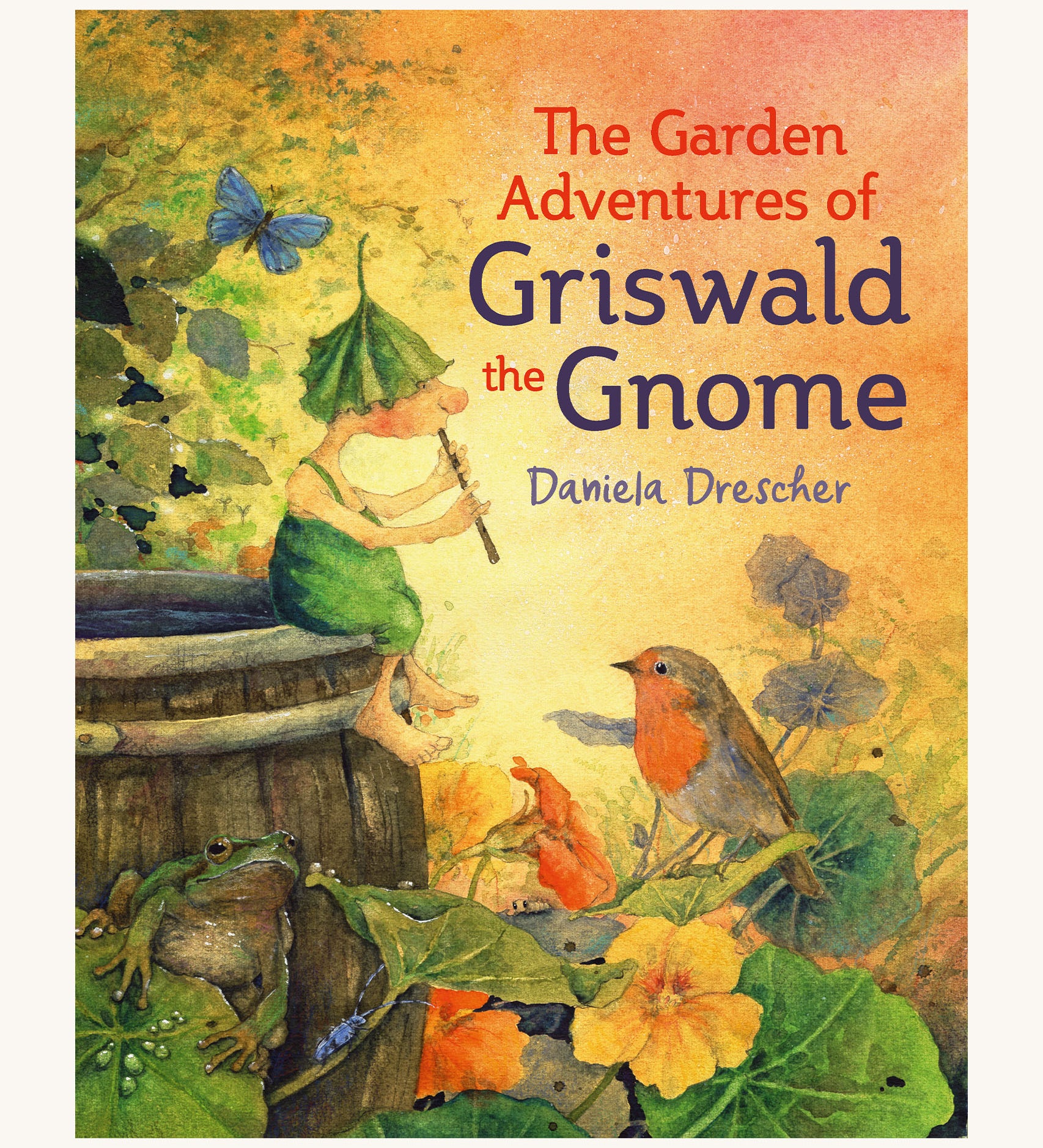 The Garden Adventures Of Griswald The Gnome by Daniela Drescher, is a fun illustrated childrens story book. The image shows Griswald Gnome playing a musical instrument whilst sat on a wooden barrel, and woodland animals listening to the music