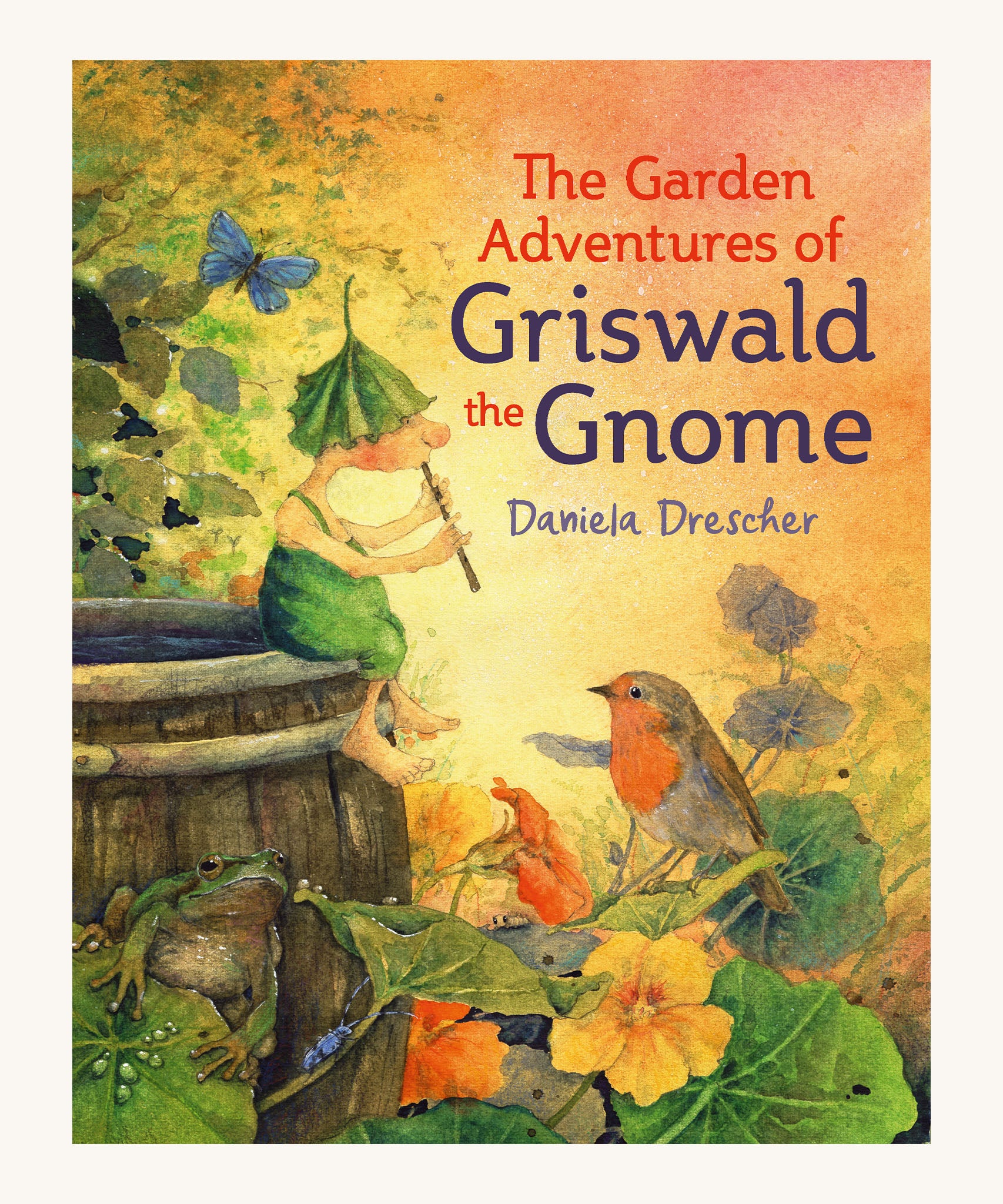 The Garden Adventures Of Griswald The Gnome by Daniela Drescher, is a fun illustrated childrens story book. The image shows Griswald Gnome playing a musical instrument whilst sat on a wooden barrel, and woodland animals listening to the music