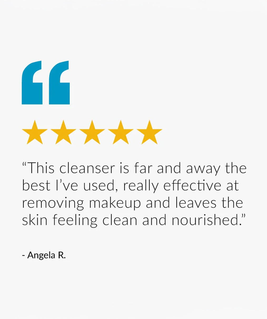 A 5 star review of the Green People make up remover cleanser. The text reads "This cleanser is far and away the best I've used, really effective at removing makeup and leaves the skin feeling clean and nourished". Review by Angela R