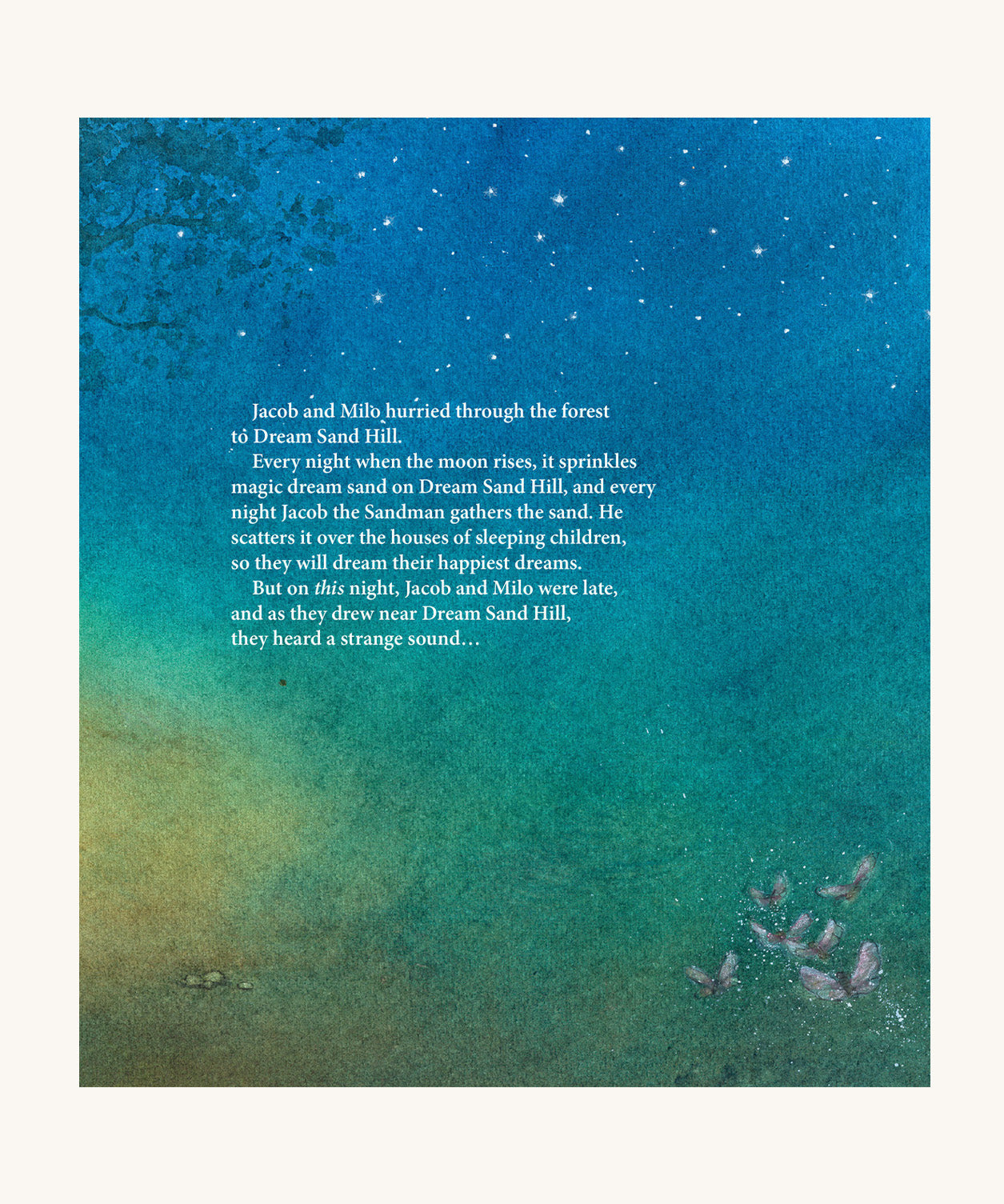 A page from Goodnight Sandman by Daniela Drescher. The page is blue with little butterflies in the bottom right corner