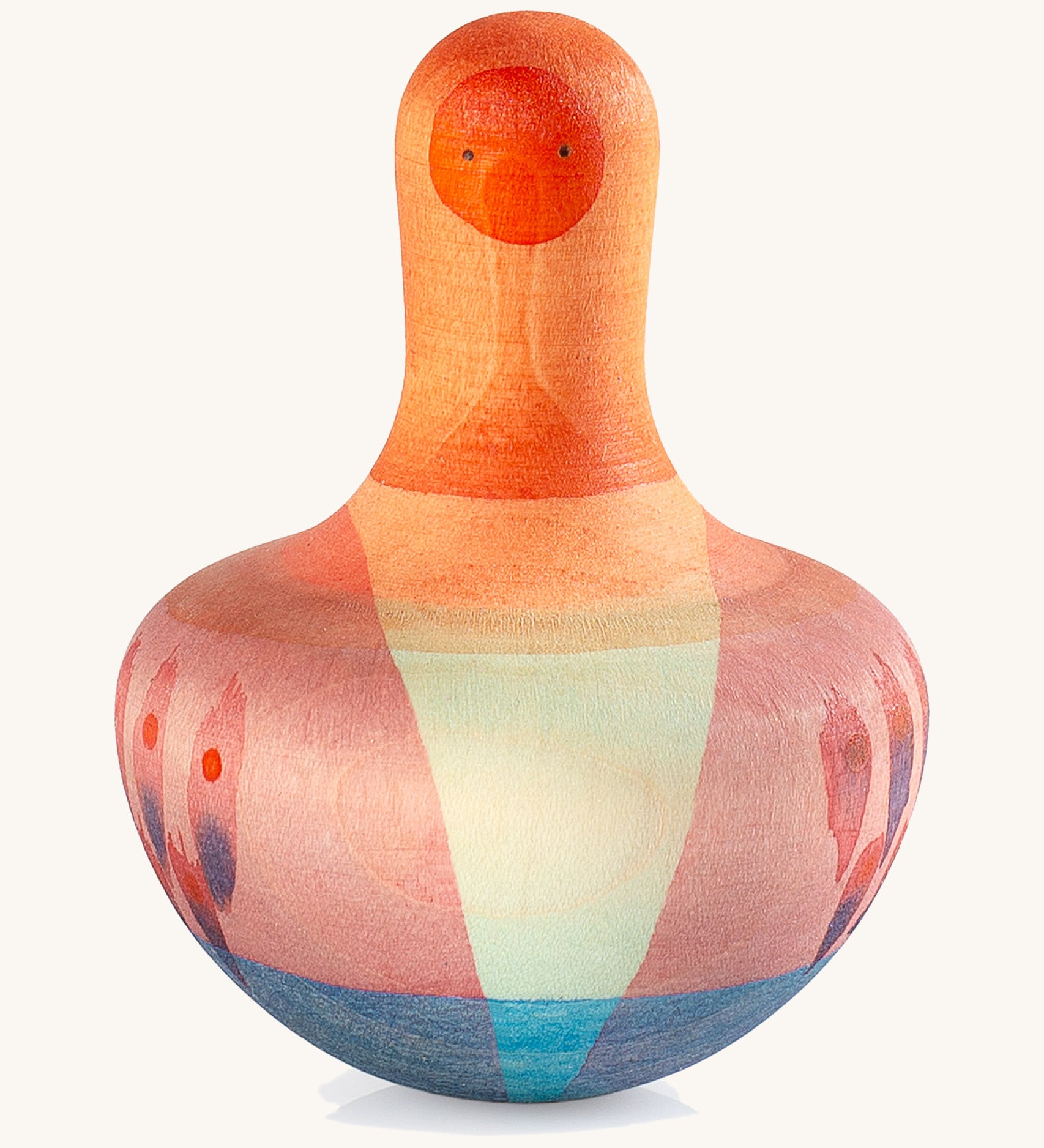 Grapat orange flowing bird - A vibrant tactile wooden orange wobbly bird with hand painted small face with light pint, purple and blue feathers 